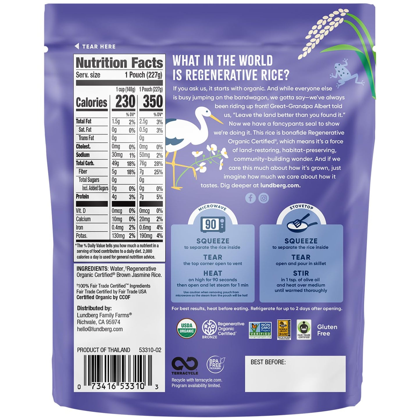 Lundberg Brown Jasmine Rice, Ready in 90 Seconds - RegenerativeOrganic Certified Long Grain Brown Rice, Microwavable, Fluffy, Non-Sticky, Aromatic Organic Rice, 8 Oz