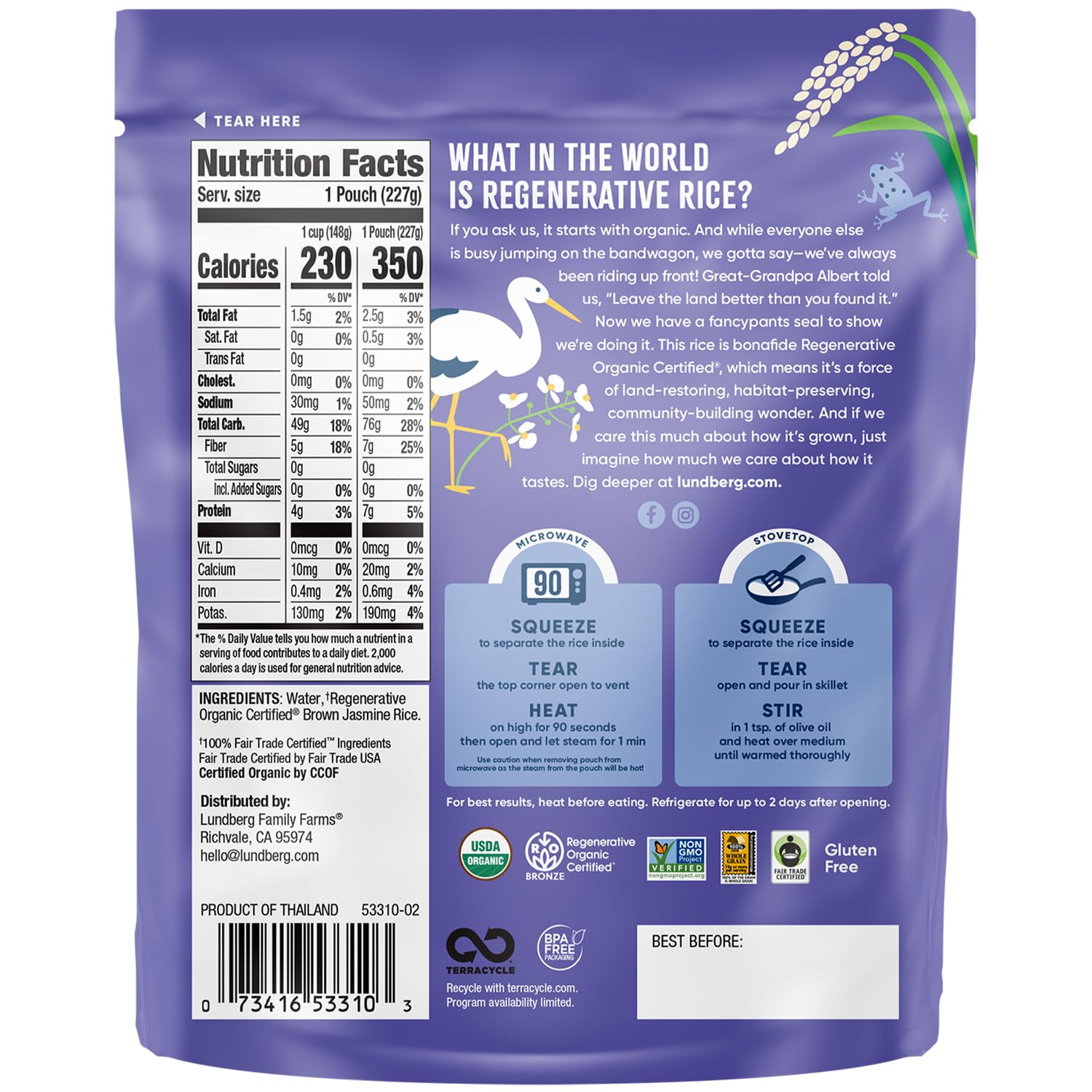 Lundberg Brown Jasmine Rice, Ready in 90 Seconds - RegenerativeOrganic Certified Long Grain Brown Rice, Microwavable, Fluffy, Non-Sticky, Aromatic Organic Rice, 8 Oz