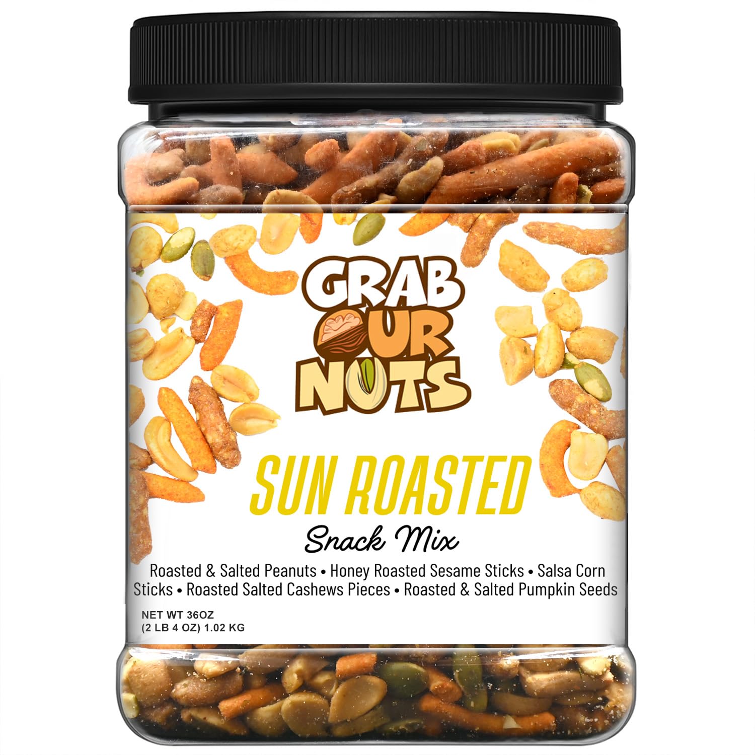 Grab Our Nuts Sun Roasted Snack Mix 36 Ounce Jar: Peanuts, Honey Roasted Sesame Sticks, Salsa Corn Sticks, Roasted Cashew Pieces, Roasted & Salted