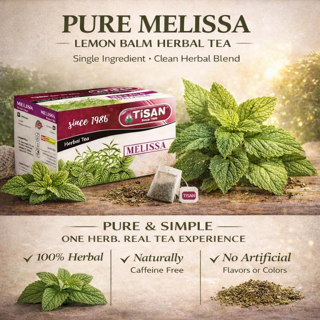 Tisan Melissa Tea (Lemon Balm) - 40 Individually Wrapped Tea Bags | Naturally Caffeine Free Herbal Infusion | Light Citrusy Notes and Gentle Aroma |
