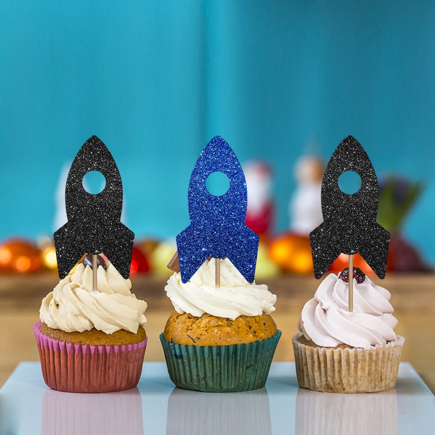 24PCS Rocket Ship Cupcake Toppers, Baby Shower Party Decor for Boys, Astronaut Dessert Picks, Outer Space Themed Birthday Party Decoration - Blue
