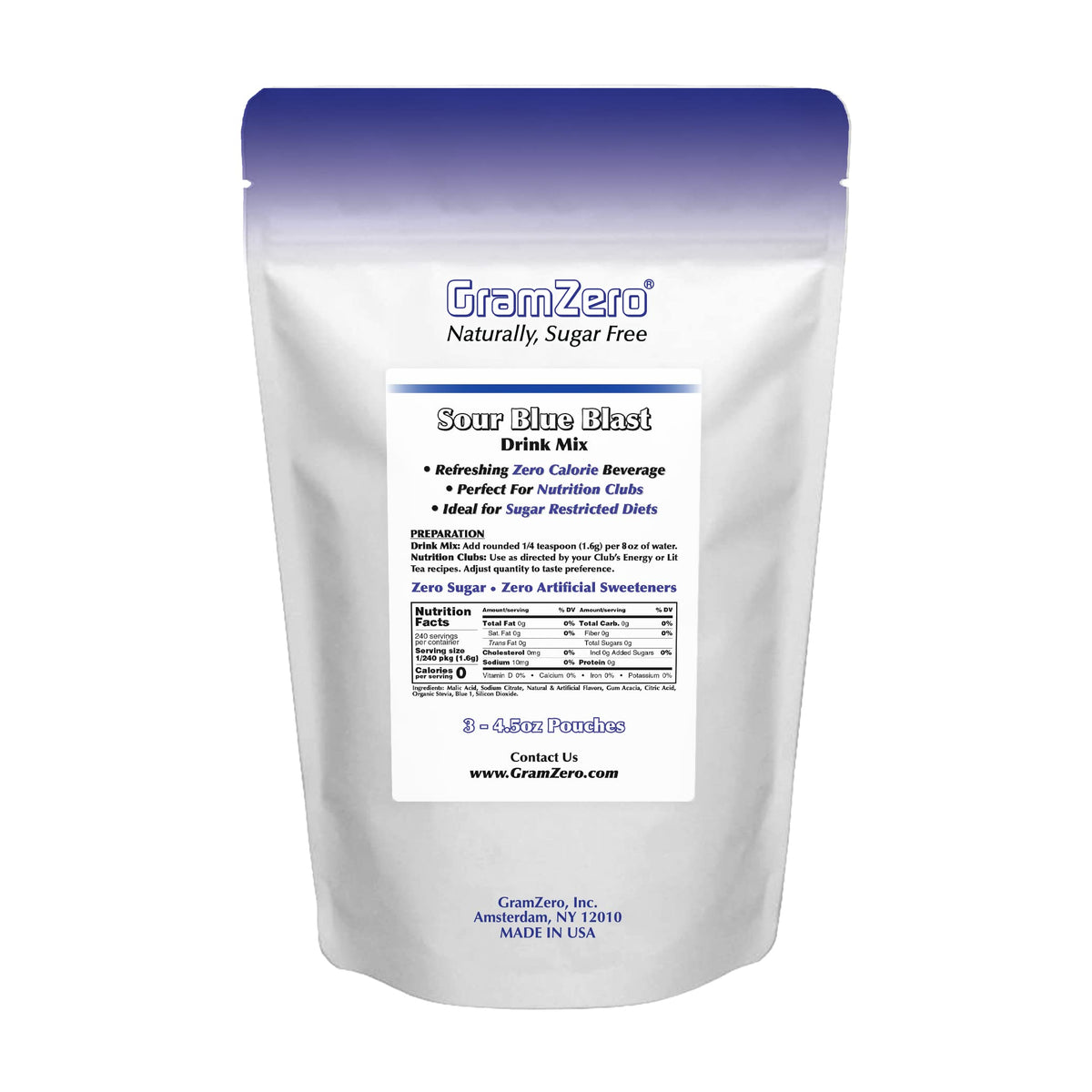GramZero Sour Blue Blast Zero Calorie Sugar Free Drink Mix, Great For Nutrition Club Loaded Tea, Stevia Sweetened