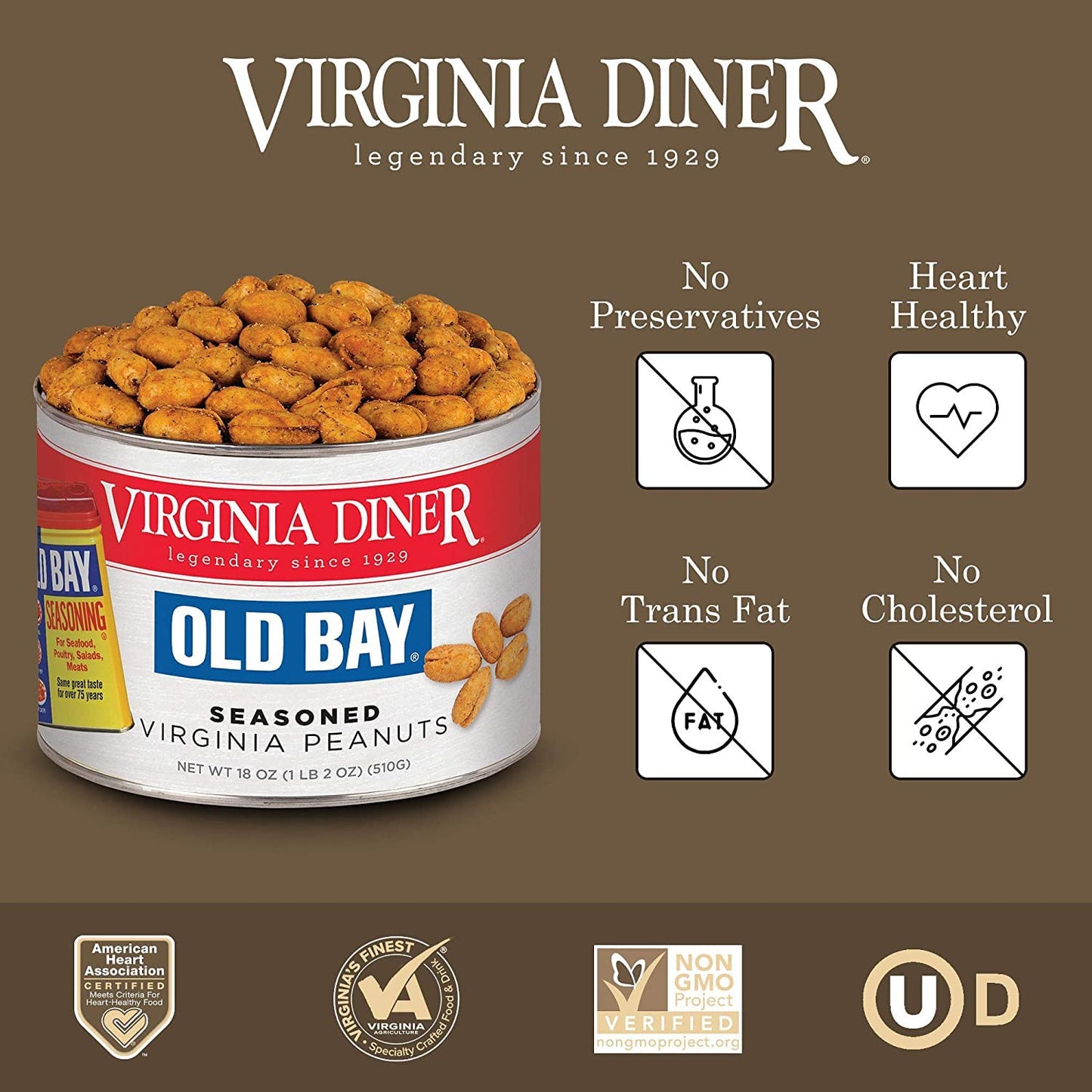 Virginia Diner Old Bay Seasoned Gourmet Virginia Peanuts - All Natural Virginia Peanuts Non-GMO, Preservative Free Gifts from Virginia Since 1929-9 Oz