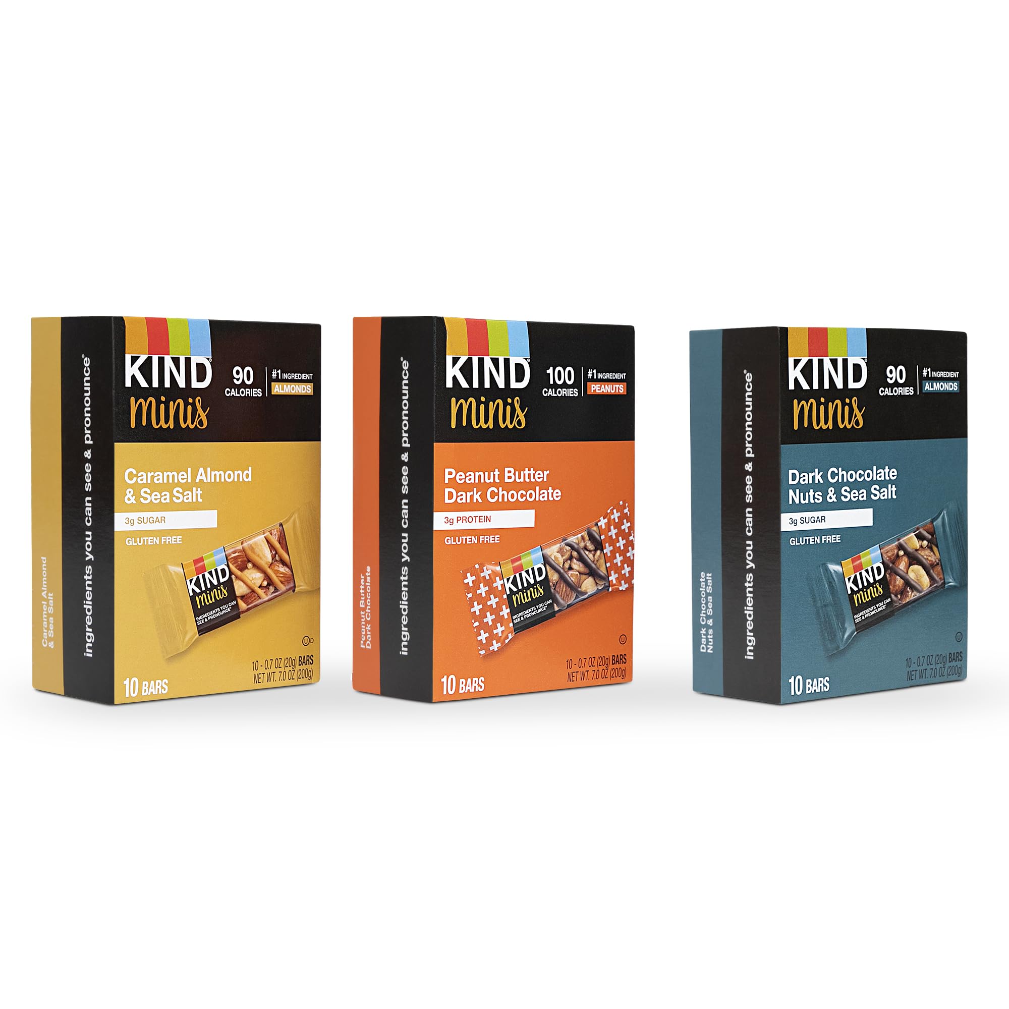 Kind Minis, Variety Pack. Contains 1 Peanut Butter Dark Chocolate, 1 Caramel Almond & Sea Salt, and 1 Dark Chocolate Nuts & Sea Salt, Low Sugar