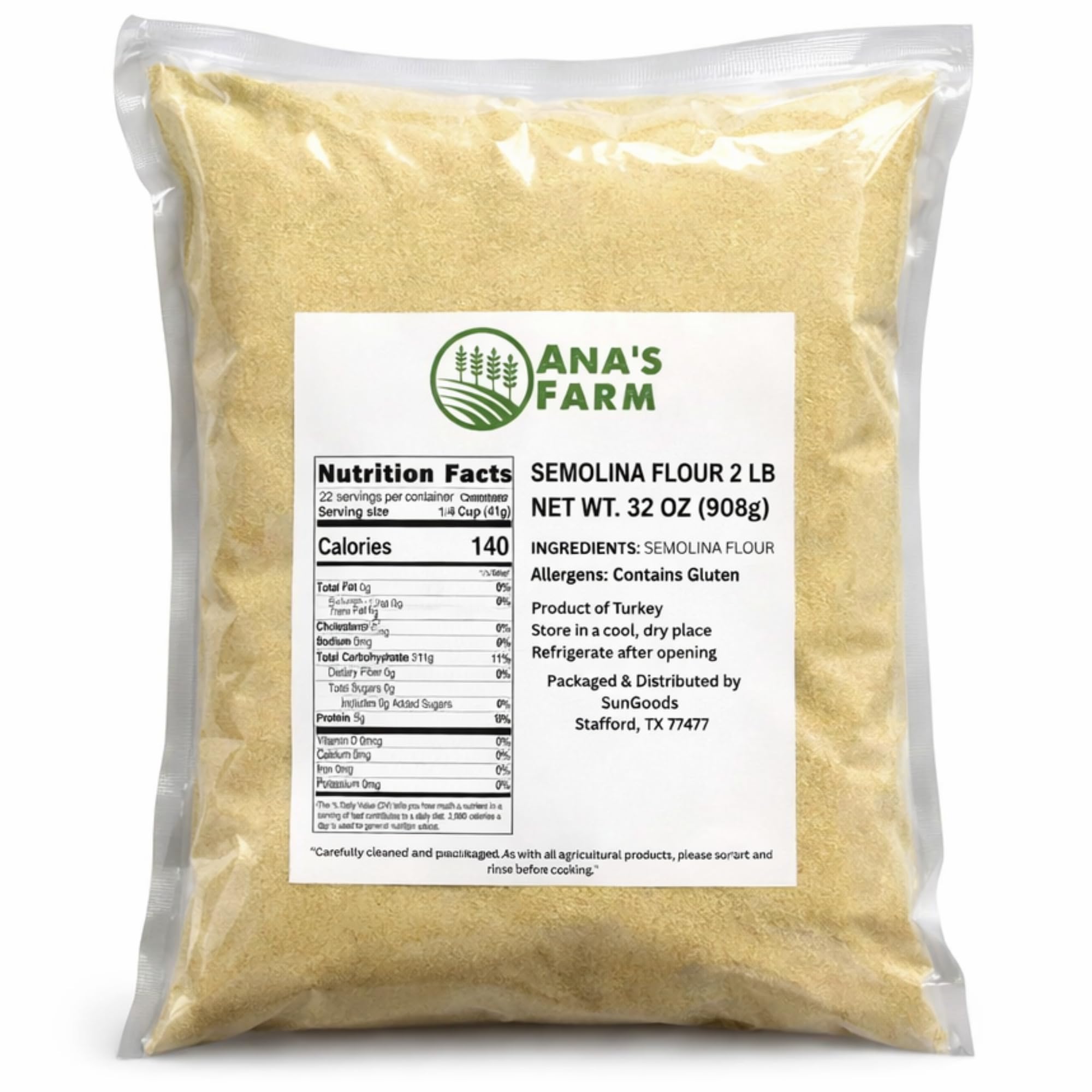 Semolina Flour 2 lb Bulk Bag - Premium Quality, Clean & Natural, Coarse Wheat Flour for Pasta, Bread, Pizza Dough & Traditional Cooking