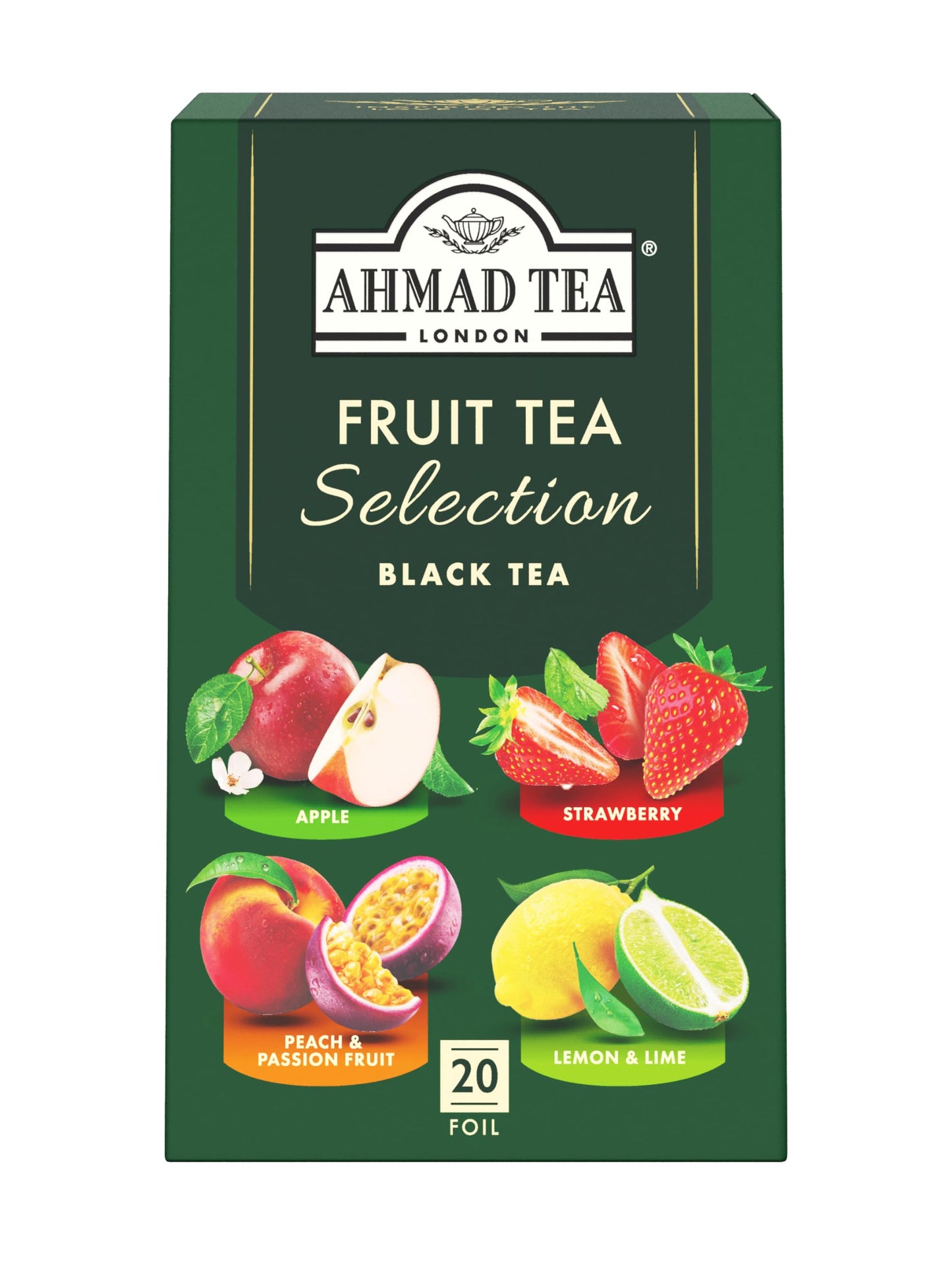 Ahmad Tea Herbal Tea, Fruit Selection, 4 Teas Apple Refresh, Peach and Passion Fruit, Srawberry Sensation, and Lemon and Lime Twist Teabags, 20 ct