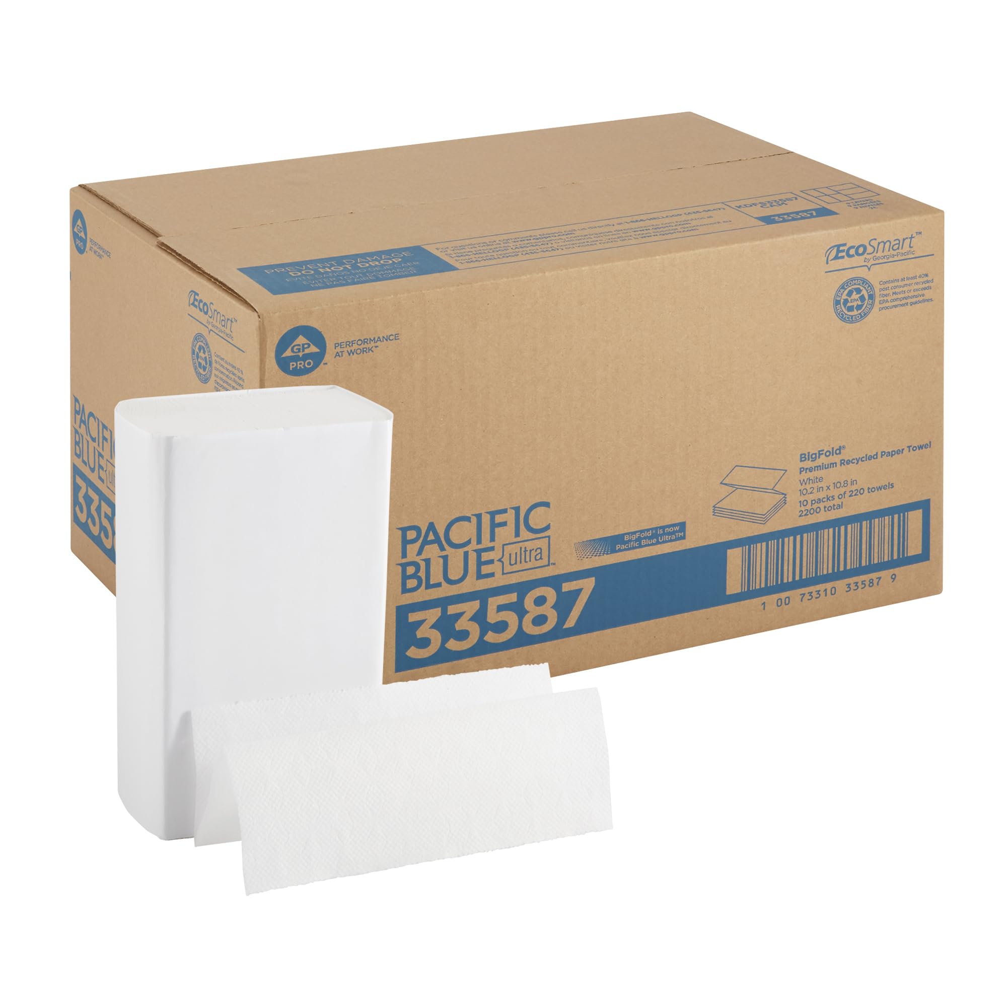 Pacific Blue Ultra Bigfold Recycled Paper Towels by GP PRO (Georgia-Pacific), 33587, 220 Paper Towels Per Pack, 10 Packs Per Case, White