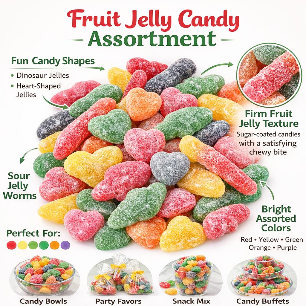 Assorted Fruit Jelly Candy Mix - 1 lb Bulk Jelly Candy Variety - Sour Jelly Worms, Dinosaur Jellies & Heart-Shaped Fruit Jellies - Firm Chewy Candy