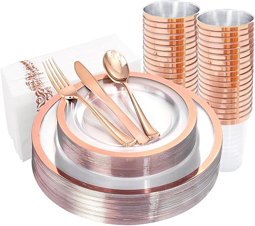 YOUBET 175PCS Rose Gold Plastic Plates - Clear Plastic Plates Disposable with Rose Gold Rim includes 50 Plates, 25Forks, 25Knives, 25Spoons, 25Cups