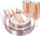 YOUBET 175PCS Rose Gold Plastic Plates - Clear Plastic Plates Disposable with Rose Gold Rim includes 50 Plates, 25Forks, 25Knives, 25Spoons, 25Cups