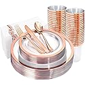 YOUBET 175PCS Rose Gold Plastic Plates - Clear Plastic Plates Disposable with Rose Gold Rim includes 50 Plates, 25Forks, 25Knives, 25Spoons, 25Cups