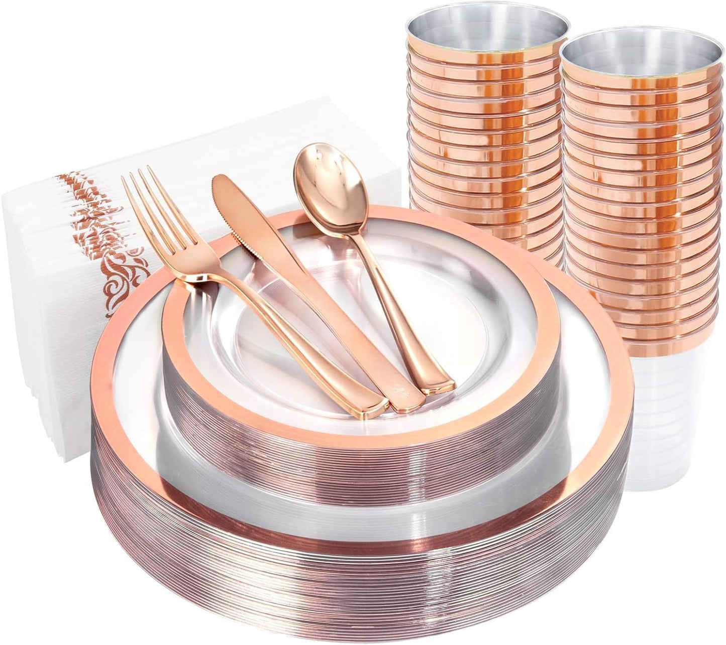 YOUBET 175PCS Rose Gold Plastic Plates - Clear Plastic Plates Disposable with Rose Gold Rim includes 50 Plates, 25Forks, 25Knives, 25Spoons, 25Cups
