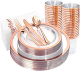 YOUBET 175PCS Rose Gold Plastic Plates - Clear Plastic Plates Disposable with Rose Gold Rim includes 50 Plates, 25Forks, 25Knives, 25Spoons, 25Cups