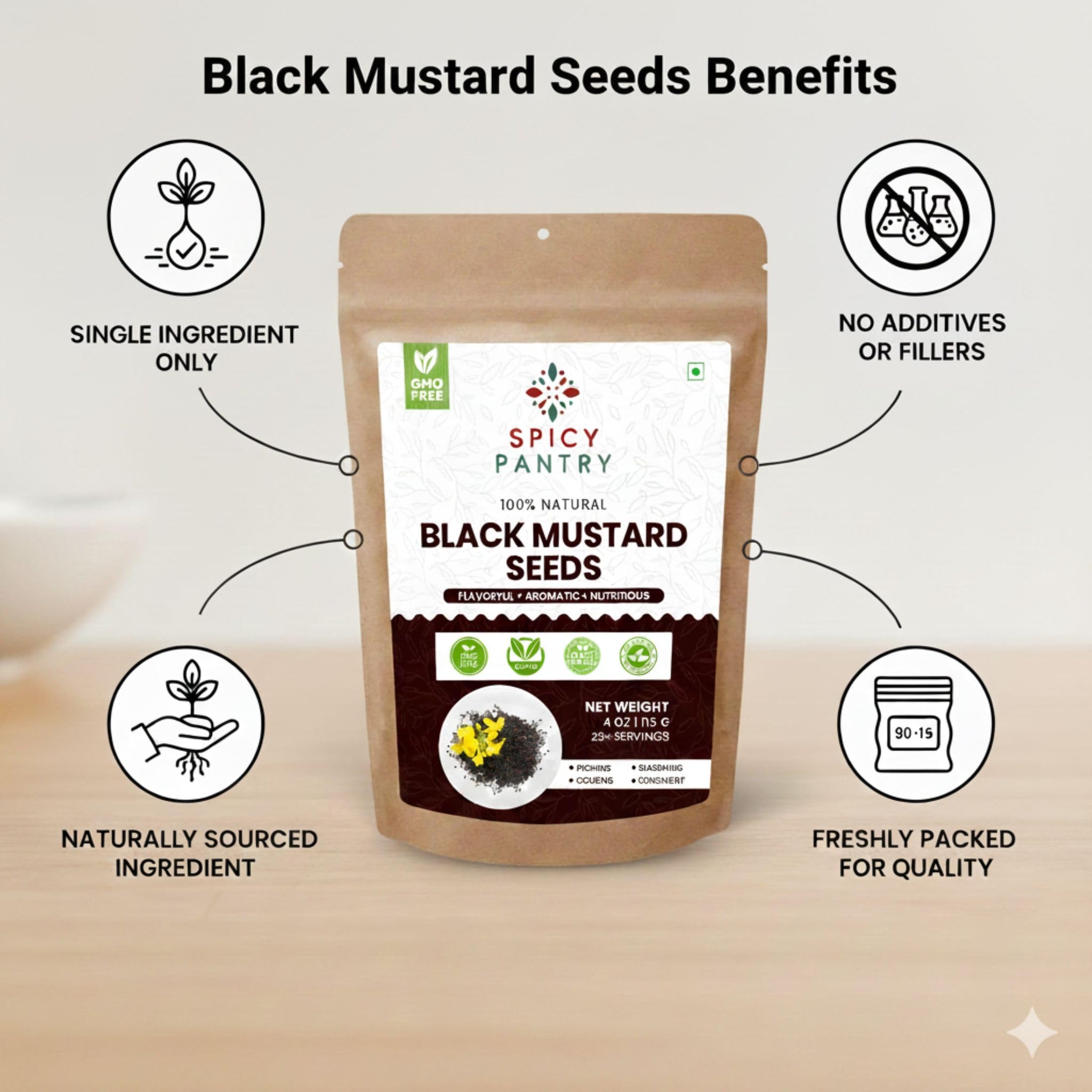 SPICY PANTRY Black Mustard Seeds 4 oz - Whole Spice for Curries, Pickles, Marinades, Spice Blends & Tempering - Non-GMO, Gluten Friendly, Bold