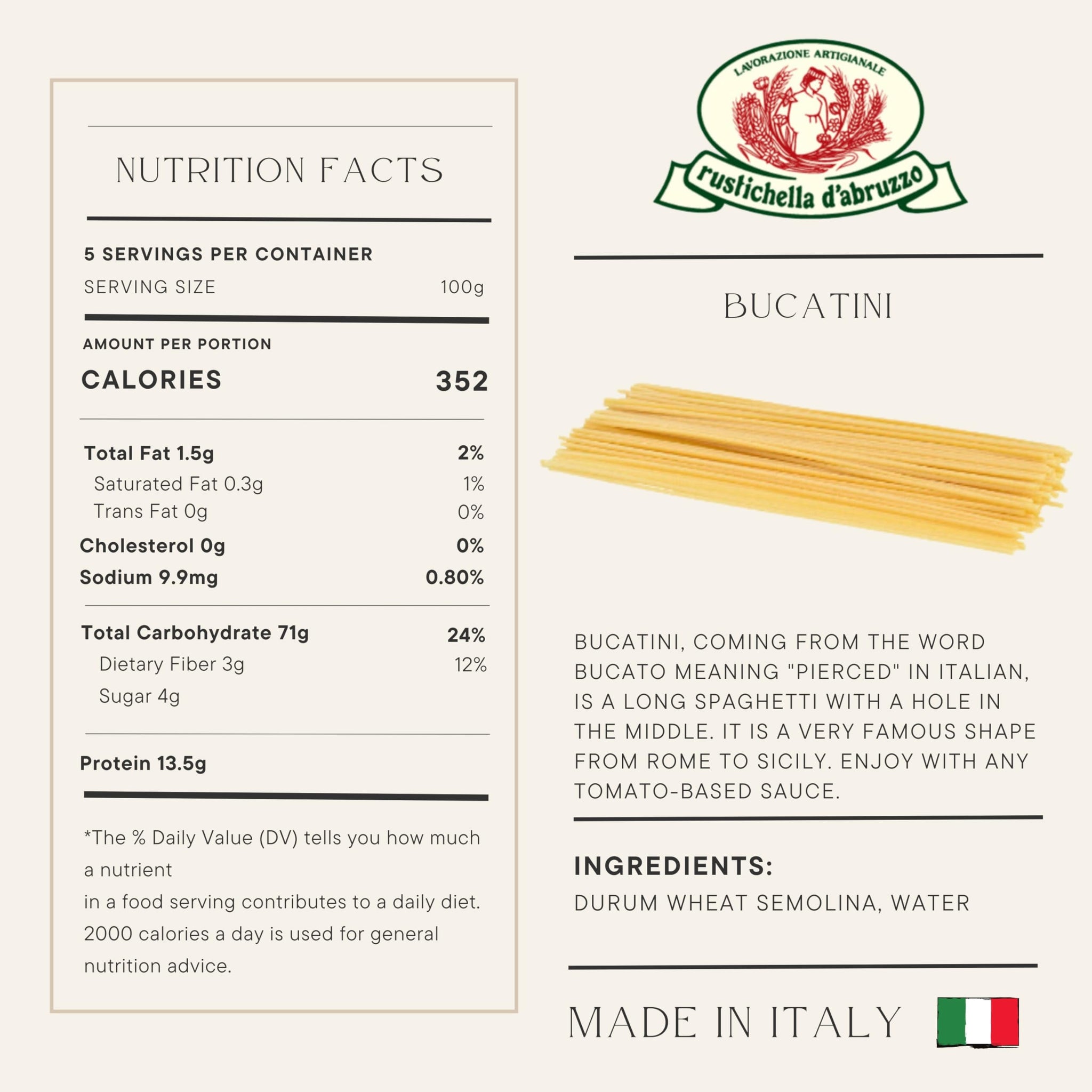 Rustichella d'Abruzzo Bucatini, 500g - Classic Italian Pasta with a Hole - Perfect for Amatriciana Sauce - Artisan Pasta from Abruzzo