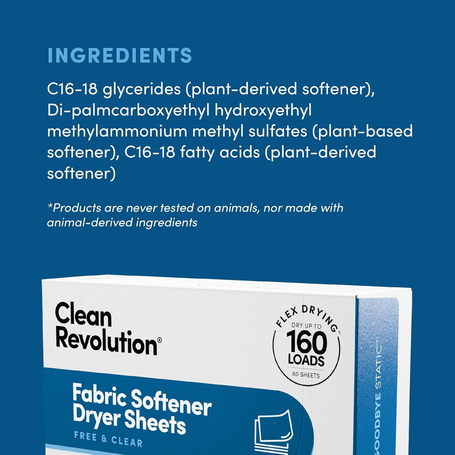 Clean Revolution Natural Fabric Softener Dryer Sheets, 80 Sheets, 160 Loads, Fragrance Free For Sensitive Skin, Made in the USA