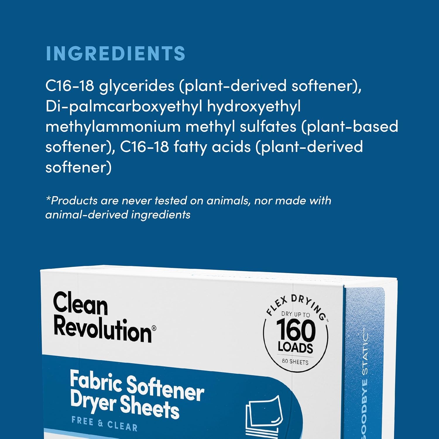 Clean Revolution Natural Fabric Softener Dryer Sheets, 80 Sheets, 160 Loads, Fragrance Free For Sensitive Skin, Made in the USA