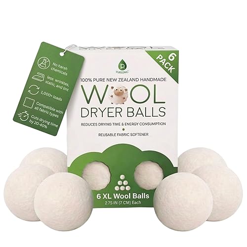 Pursonic XL Laundry Wool Dryer Balls Made with 100% Pure New Zealand Wool - Natural Reusable Fabric Softener Balls for Drying Time & Energy