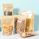 150-pack 4.7" x 7.9" Stand Up Kraft Paper Mylar Bags with Clear Window Resealable Foil Pouches for Food Storage Smell Proof Edible Packaging Bag