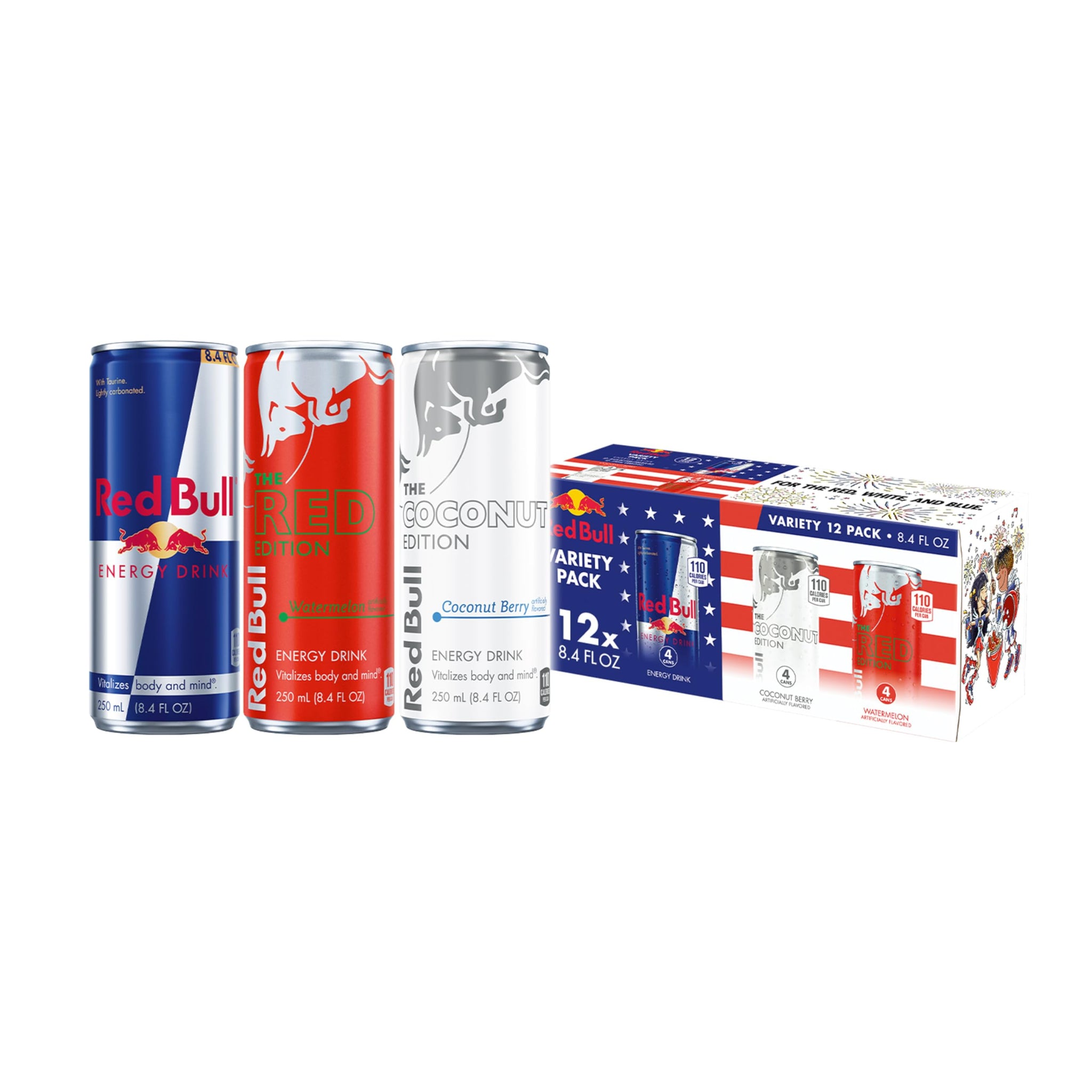 Red Bull Summer Celebration Variety Pack, Red Bull Energy Drink, The Red Edition, The White Edition, 8.4 Fl Oz (12 Pack)
