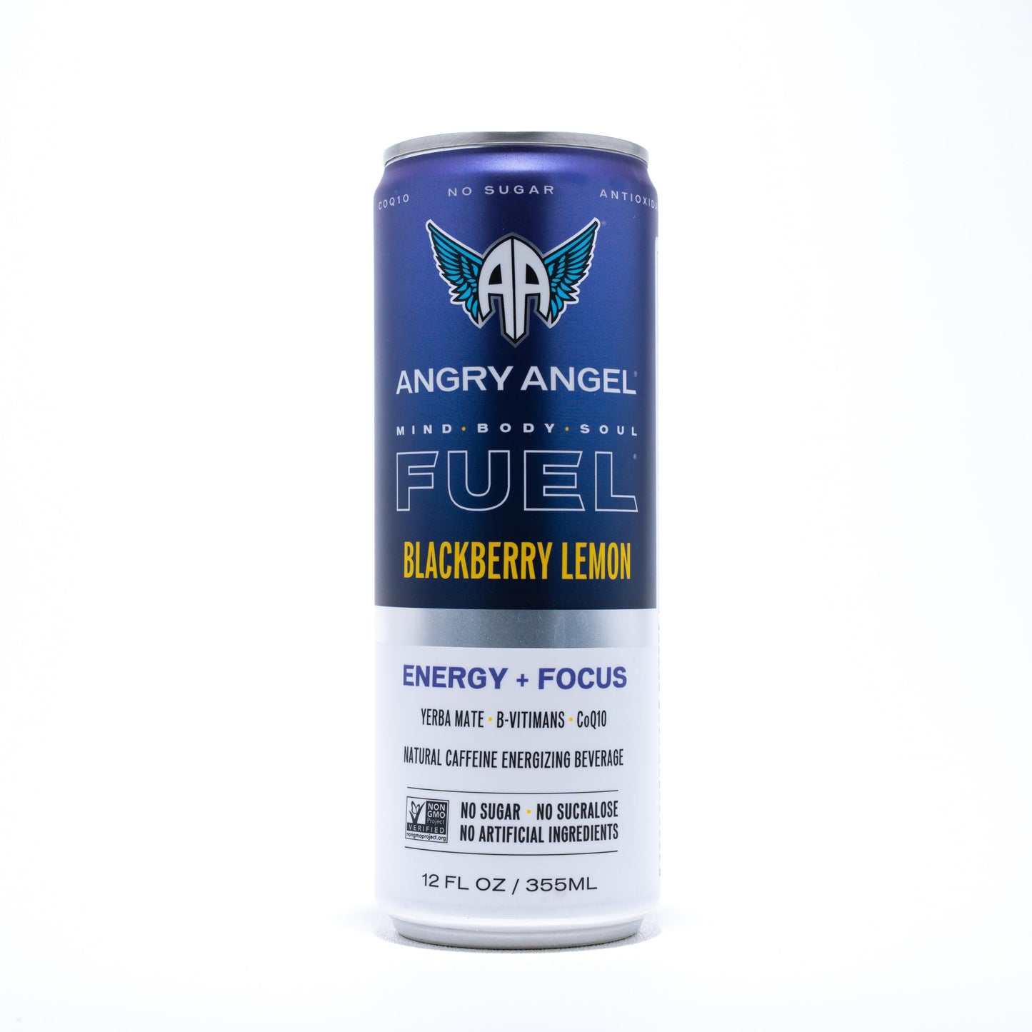 Angry Angel Blackberry Lemon Natural Energy + Focus Drink (12 count) - Zero Sugar - Natural Caffeine from Yerba Mate - CoQ10 - B Vitamins - 12 oz Cans