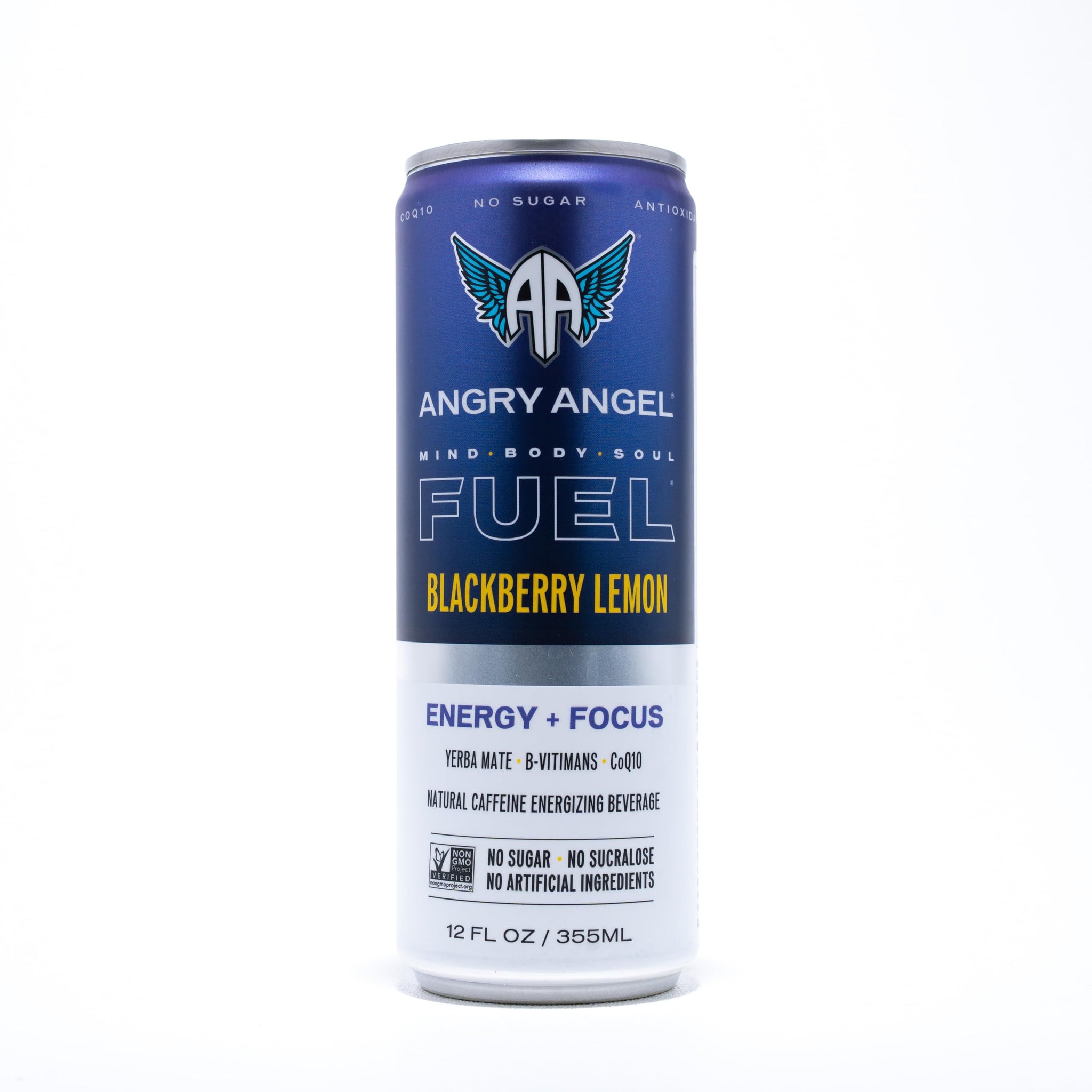 Angry Angel Blackberry Lemon Natural Energy + Focus Drink (12 count) - Zero Sugar - Natural Caffeine from Yerba Mate - CoQ10 - B Vitamins - 12 oz Cans
