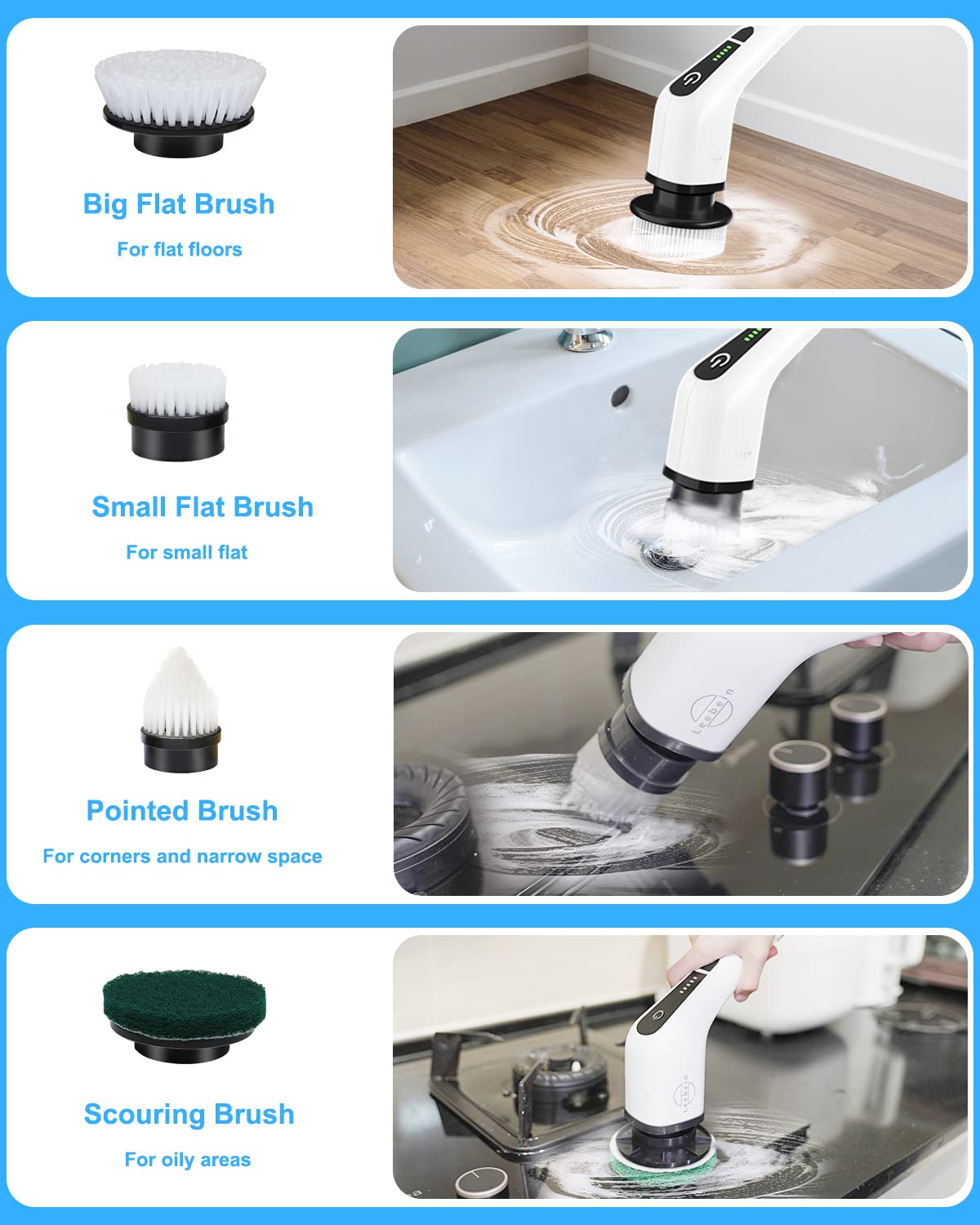 Leebein Electric Spin Scrubber, Cordless Cleaning Brush with 8 Replaceable Brush Heads, Tub and Floor Tile 360 Power Scrubber Dual Speed