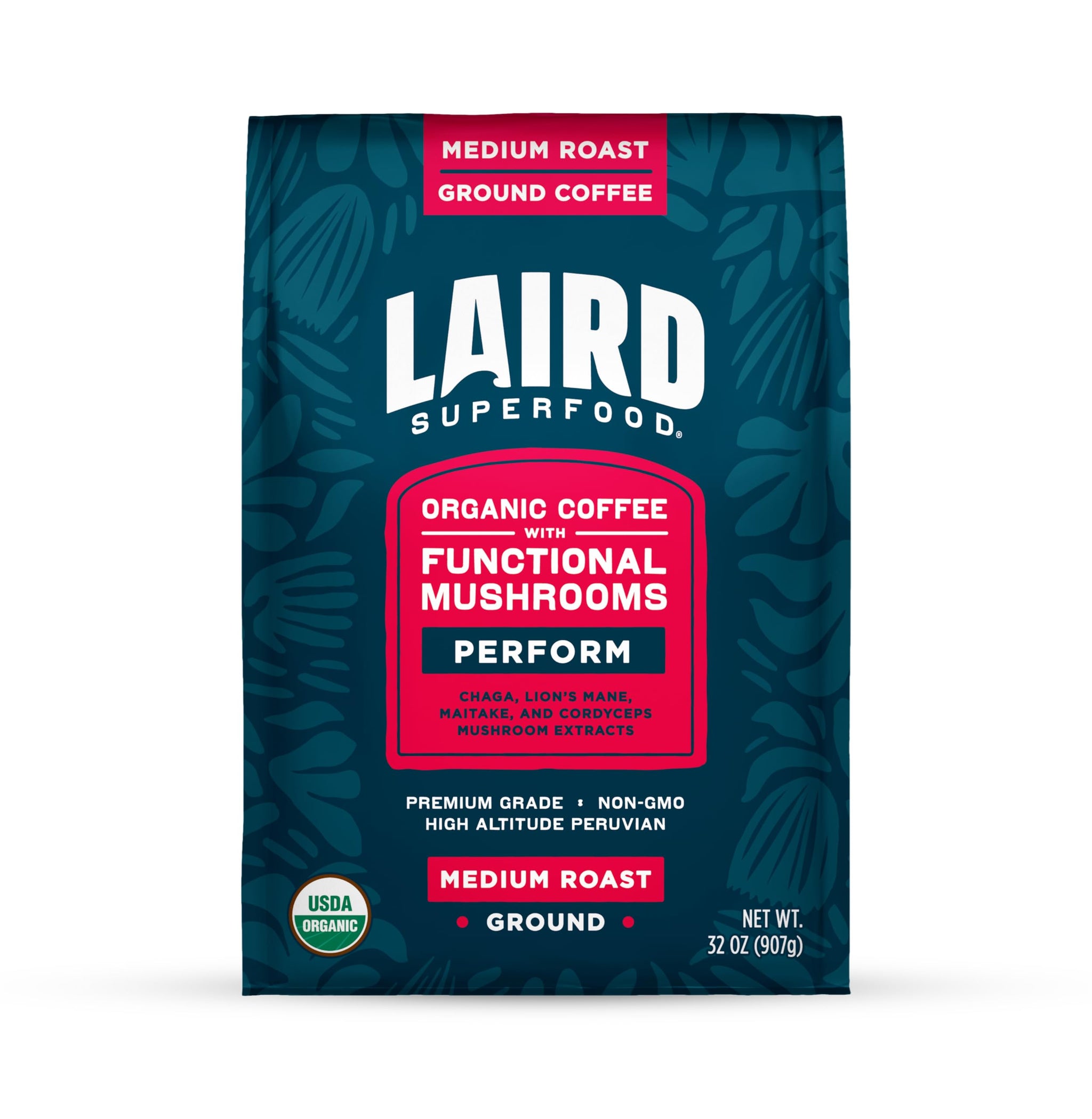 Laird Superfood Peruvian Medium Roast Coffee with Functional Mushrooms, Certified Organic Peruvian Ground Coffee Beans, Gluten-Free, Dairy-Free