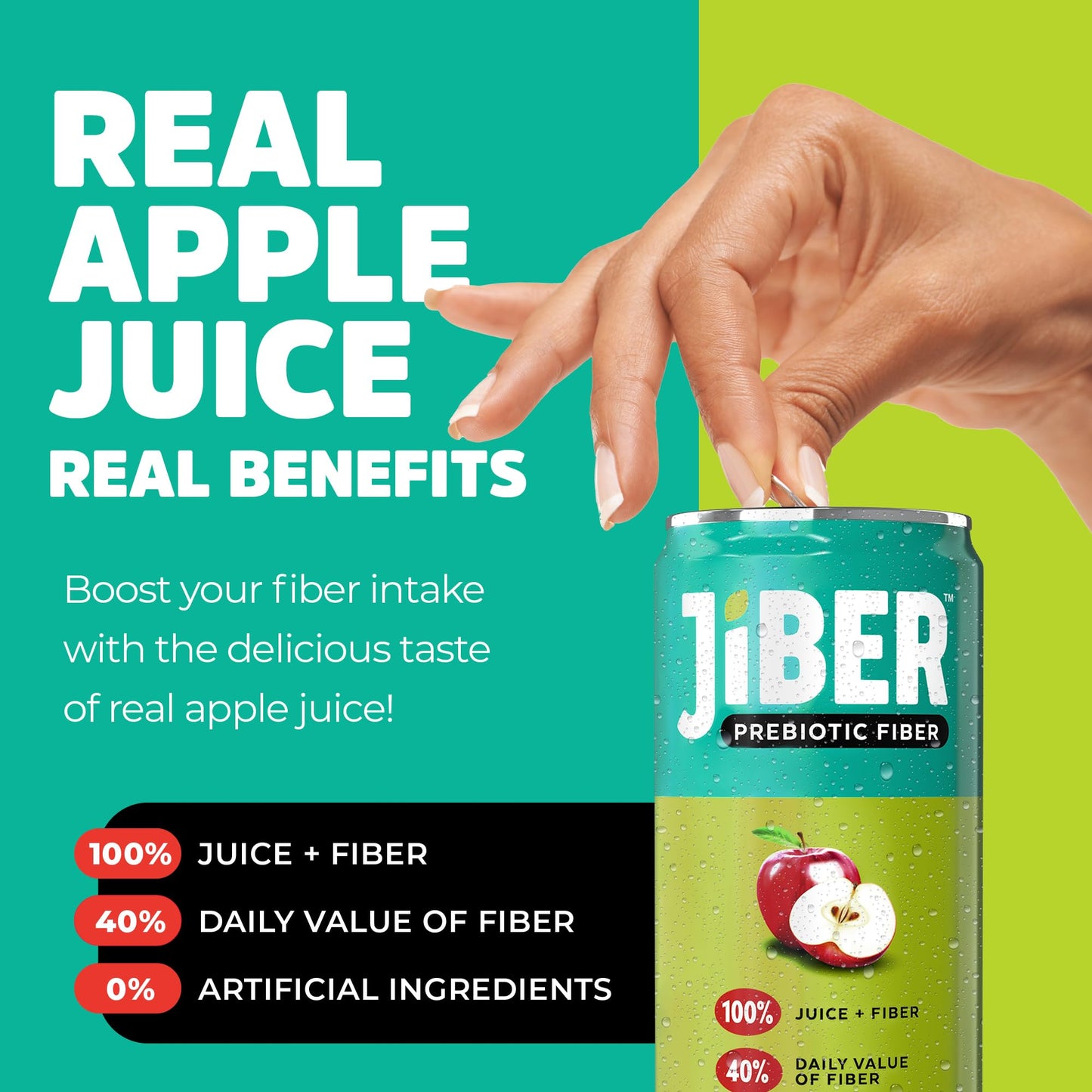 JIBER High Fiber Apple Juice Drink - No Sugar Added - 12 fl oz Apple Juice Cans with 40% Daily Fiber - Prebiotic Drink- Healthy Drinks for Kids
