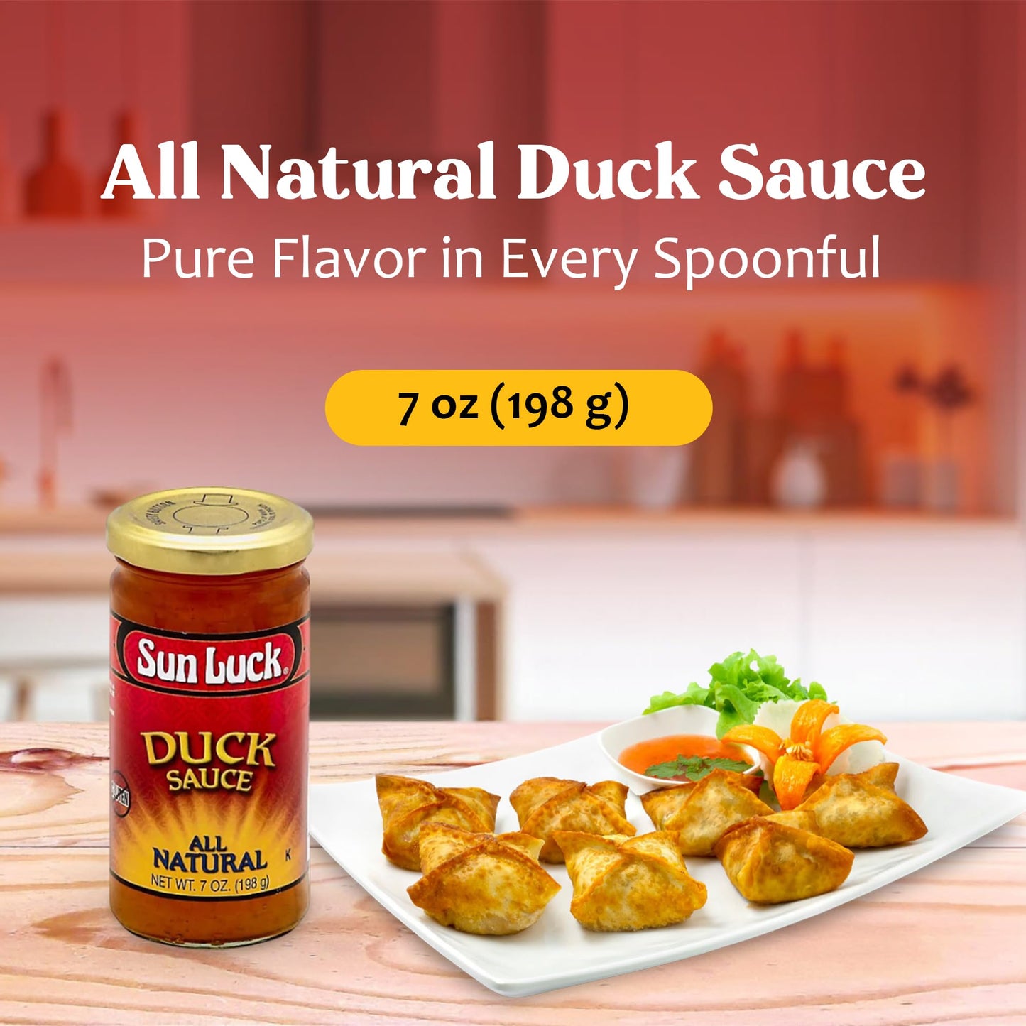 Sun Luck All-Natural Duck Sauce 7 oz Bottle - Sweet & Tangy Chinese-Style Dipping Sauce for Egg Rolls, Wontons & Appetizers; Great Glaze for Chicken