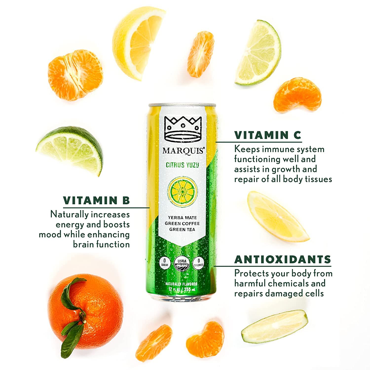 Organic Green Tea + Yerba Mate Drink by Marquis |Antioxidant Infused Sparkling Beverage | Zero Sugars, Zero Calories | Citrus Yuzu Flavor Super Tea |