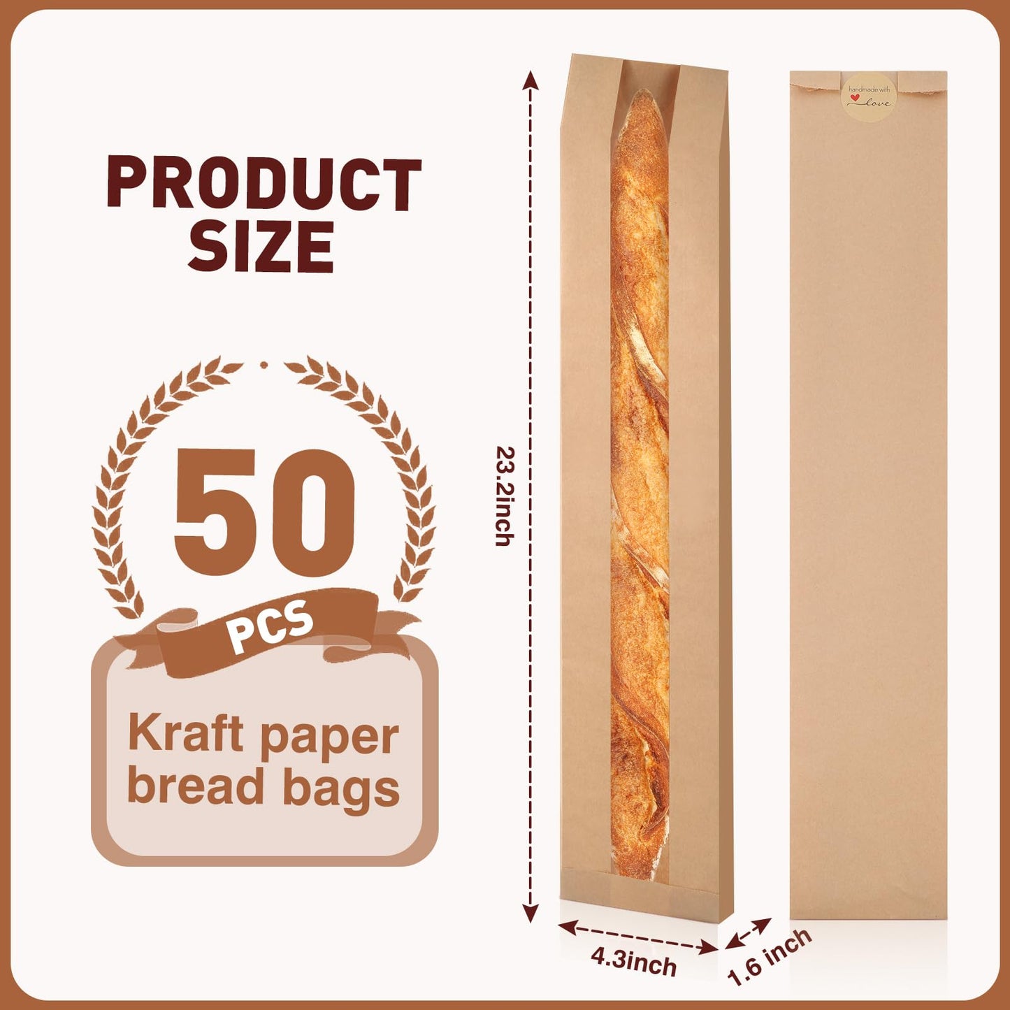 Bakbania 50 Pack Baguette Bags with Stickers Paper Bread Loaf Packing Bags with Window for Homemade Bread