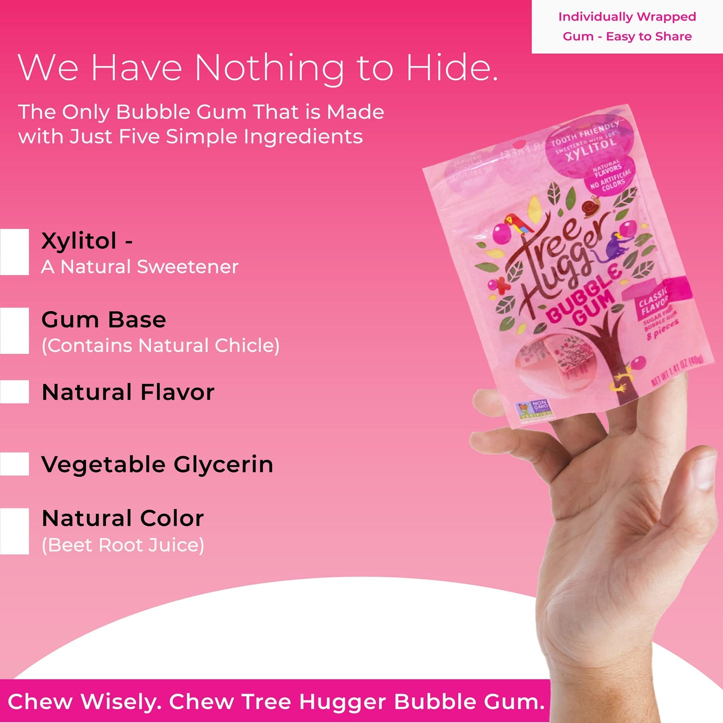 Tree Hugger Classic Bubble Gum Sweetened with 100% Tooth Friendly Xylitol, 1.4 oz /8 Pieces Per bag (Pack of 12 Bags)