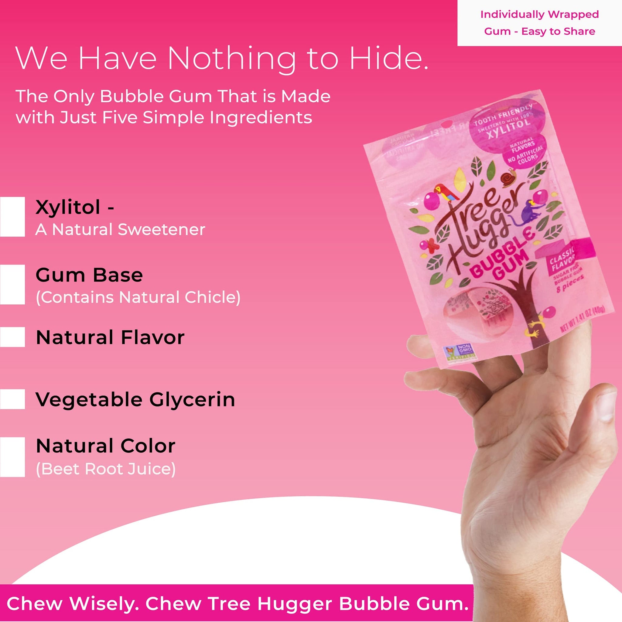 Tree Hugger Classic Bubble Gum Sweetened with 100% Tooth Friendly Xylitol, 1.4 oz /8 Pieces Per bag (Pack of 12 Bags)