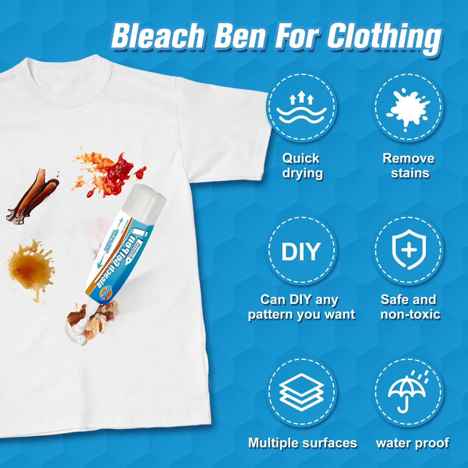 Bleach Pen for Clothes & Grout, 4 in 1 Dual-Tip Stain Remover Gel Pen with Precision Tip & Brush Head, Portable Travel-Size Cleaner for White Laundry