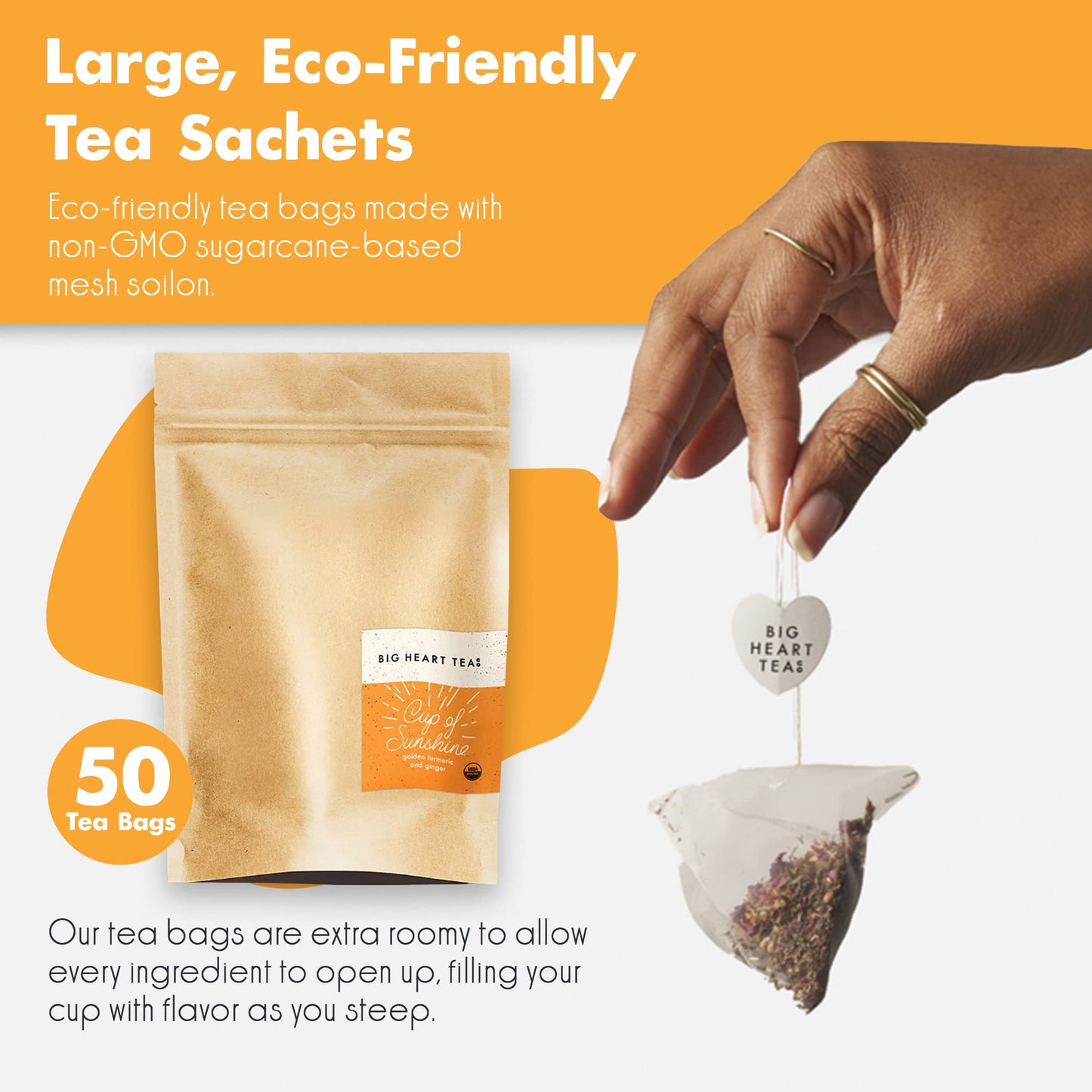 Big Heart Tea Co. Tea Bags - Cup of Sunshine Turmeric and Ginger - Certified Organic, Ayurvedic Herbal Decaf Tea with Small Batch Ground Herbs