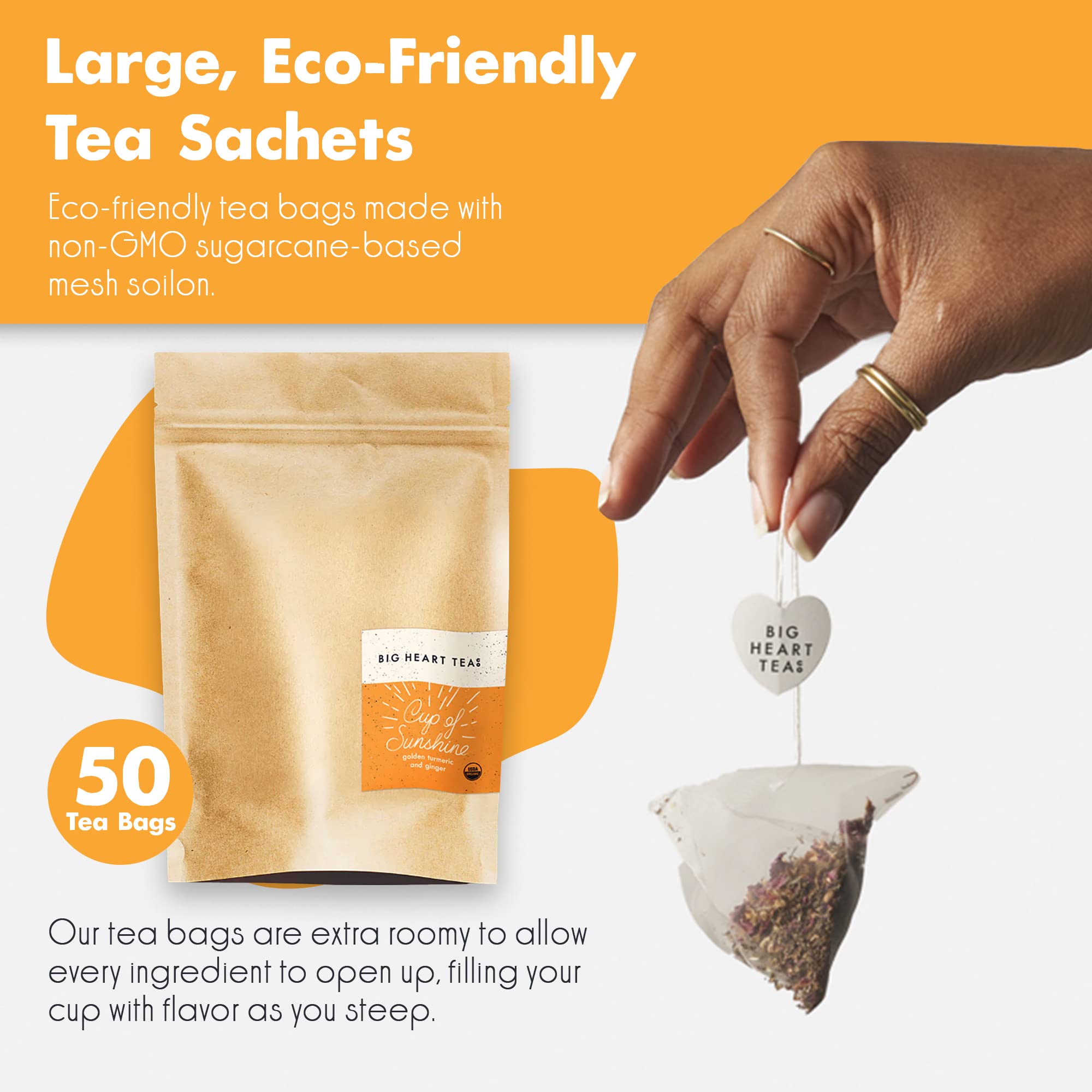 Big Heart Tea Co. Tea Bags - Cup of Sunshine Turmeric and Ginger - Certified Organic, Ayurvedic Herbal Decaf Tea with Small Batch Ground Herbs