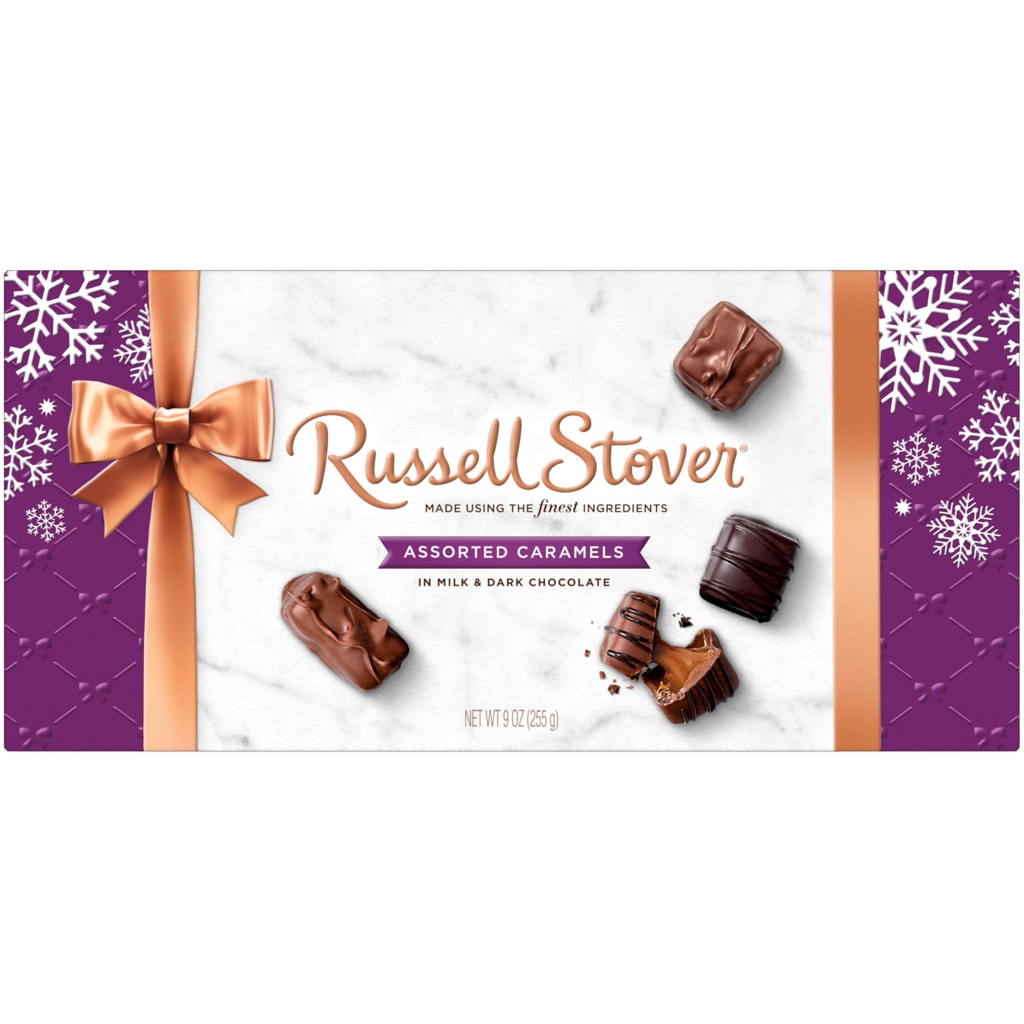 RUSSELL STOVER Christmas Assorted Caramels in Milk & Dark Chocolate Candy Gift Box, 9 oz.