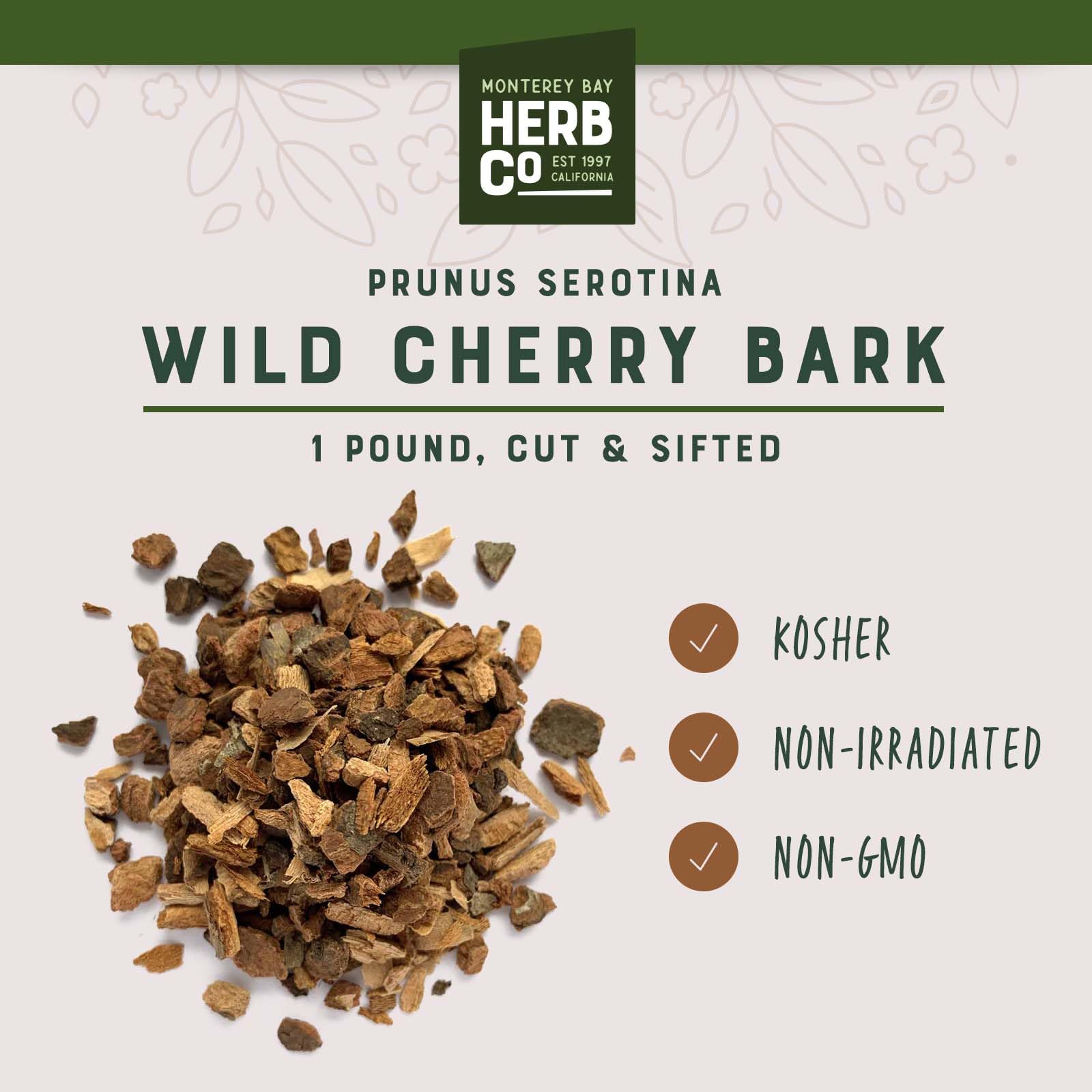 Wild Cherry Bark Cut & Sifted, by Herb Co, Prunus Serotina, From the United States, Kosher, for Traditional Syrup, Tea & Tinctures, 1 lb