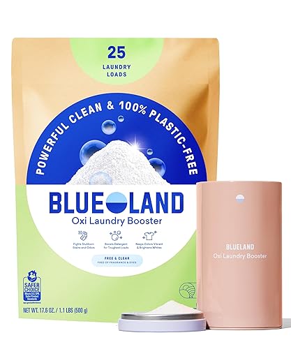 BLUELAND Oxi Laundry Booster Powder with Tin, Starter Set, Fragrance Free & Clear, 25 Loads, 17.6 oz, Plastic-Free, Eco Friendly, Oxy Cleaner, Stain