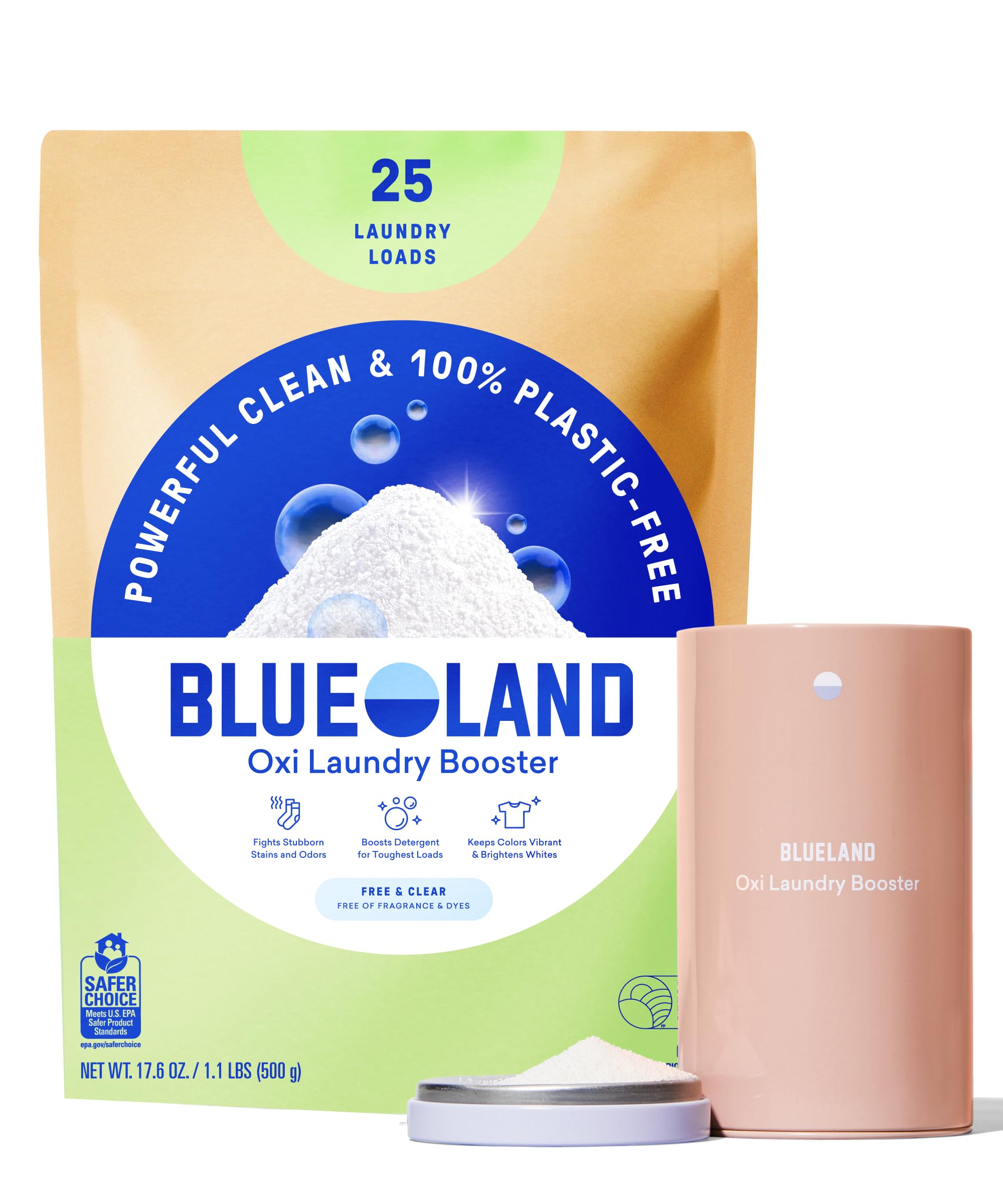 BLUELAND Oxi Laundry Booster Powder with Tin, Starter Set, Fragrance Free & Clear, 25 Loads, 17.6 oz, Plastic-Free, Eco Friendly, Oxy Cleaner, Stain