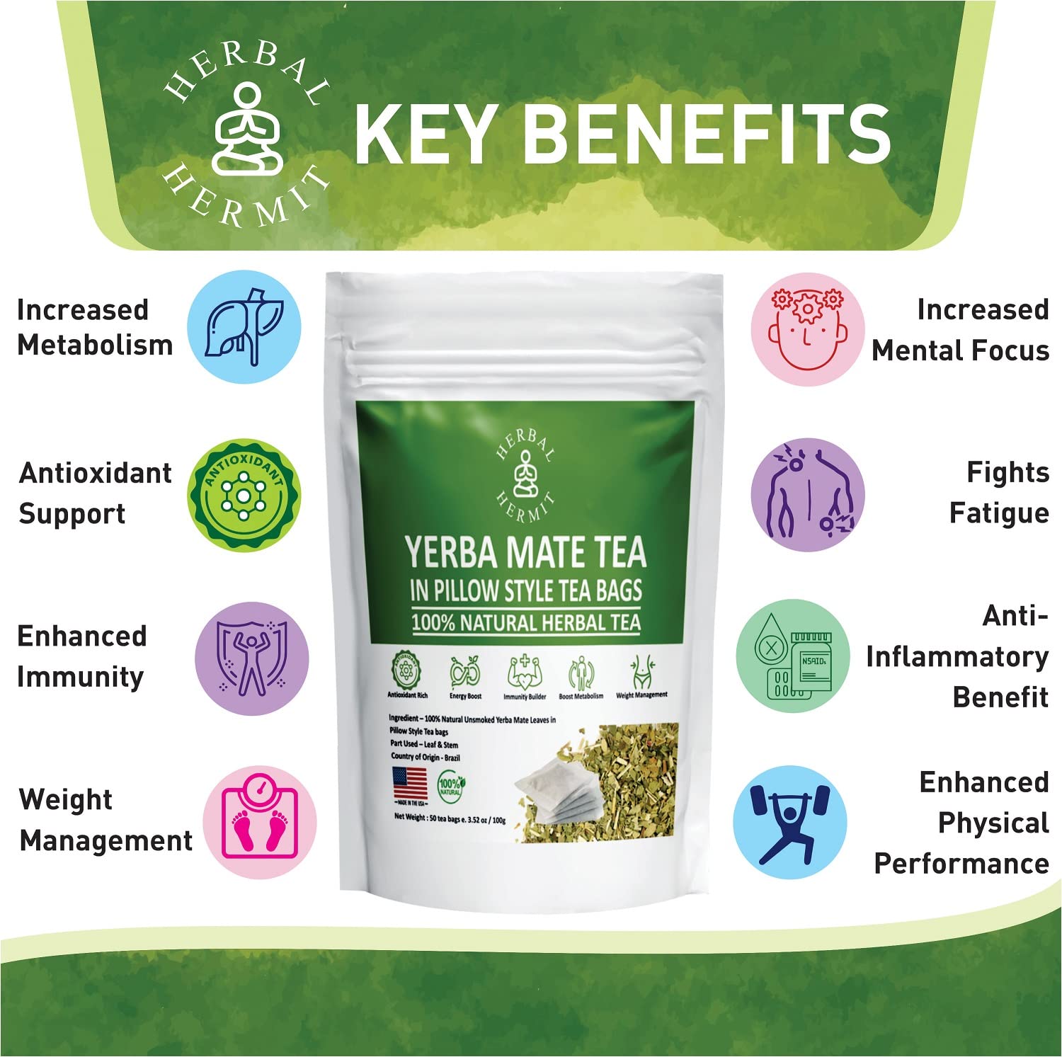 Yerba Mate Tea Bags | Premium Unsweetened Yerba Mate | Chlorogenic Acid Tea | Natural Energy Boost | 50 Tea Bags