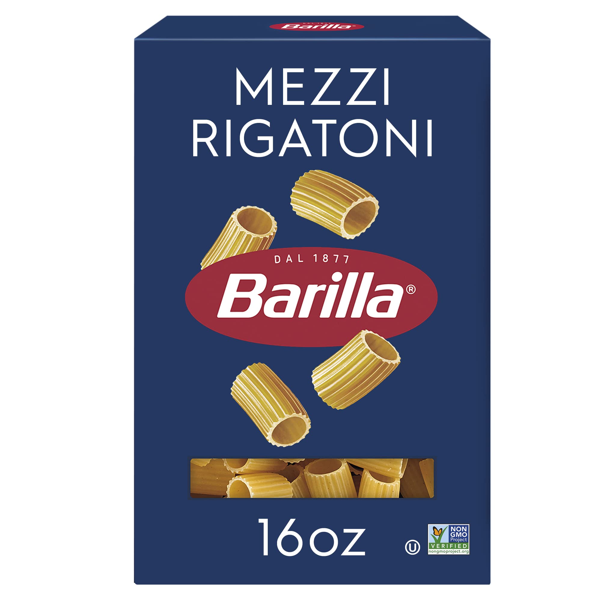 Barilla Mezzi Rigatoni Pasta, 16 oz. Box - Non-GMO, Made with Durum Wheat Semolina - Kosher Certified