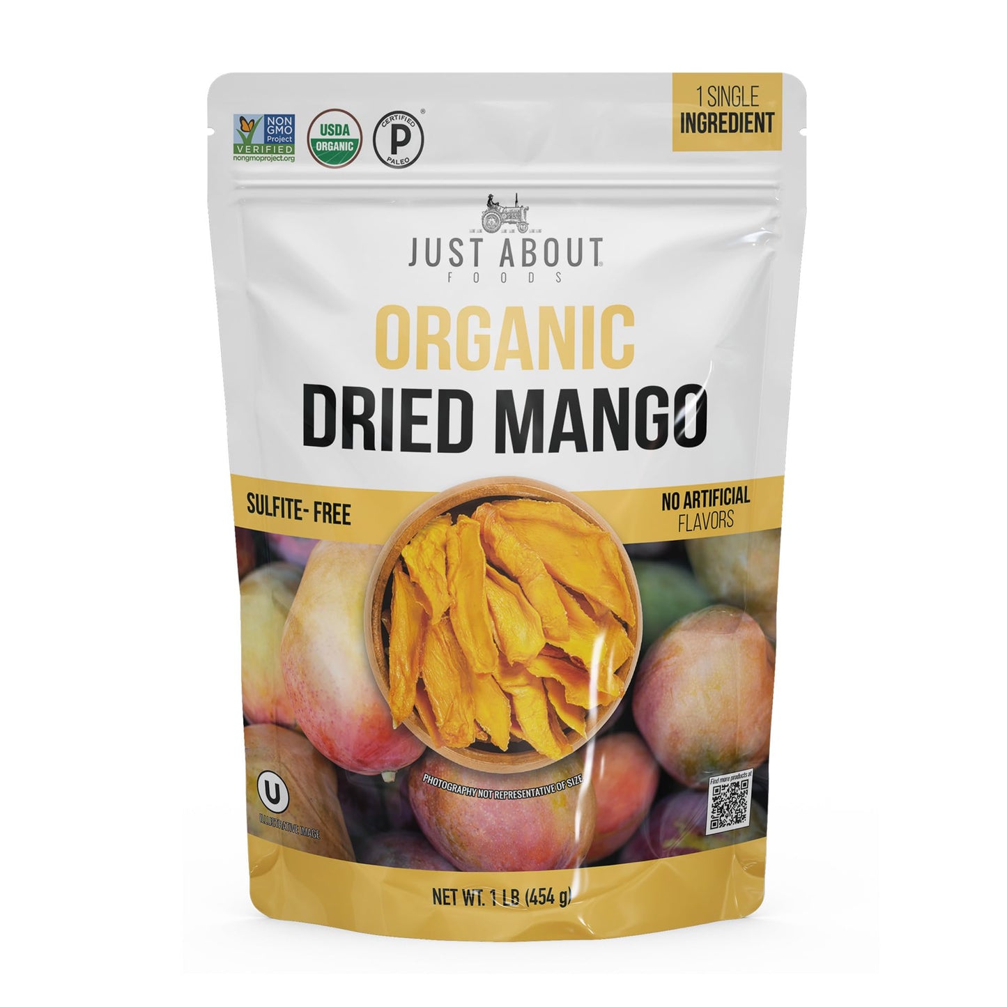 Dried Mango Slices - Juicy & Delicious, No Added Sugar, Non-GMO, Healthy Snack, Bulk Resealable Bag, 1 lb. Just About Foods Single Ingredient