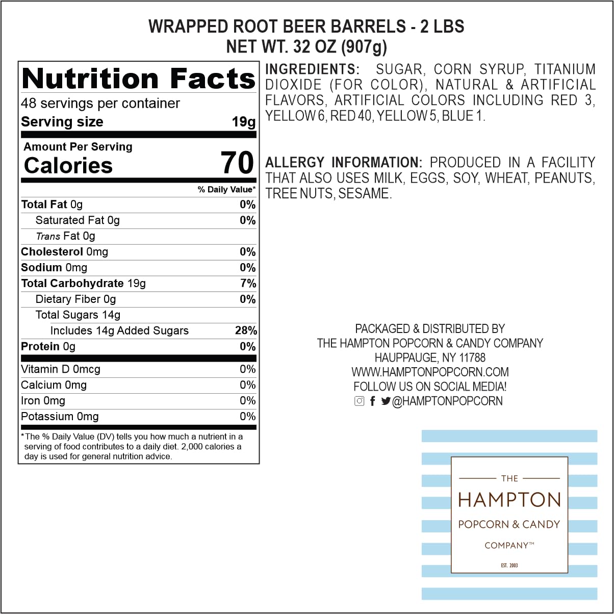 Root Beer Barrels Hard Candy - 2lb Bulk Bag (Approximately 130 pcs) - Old Fashioned Hard Candy - Individually Wrapped Bulk Candy - The Hampton Popcorn
