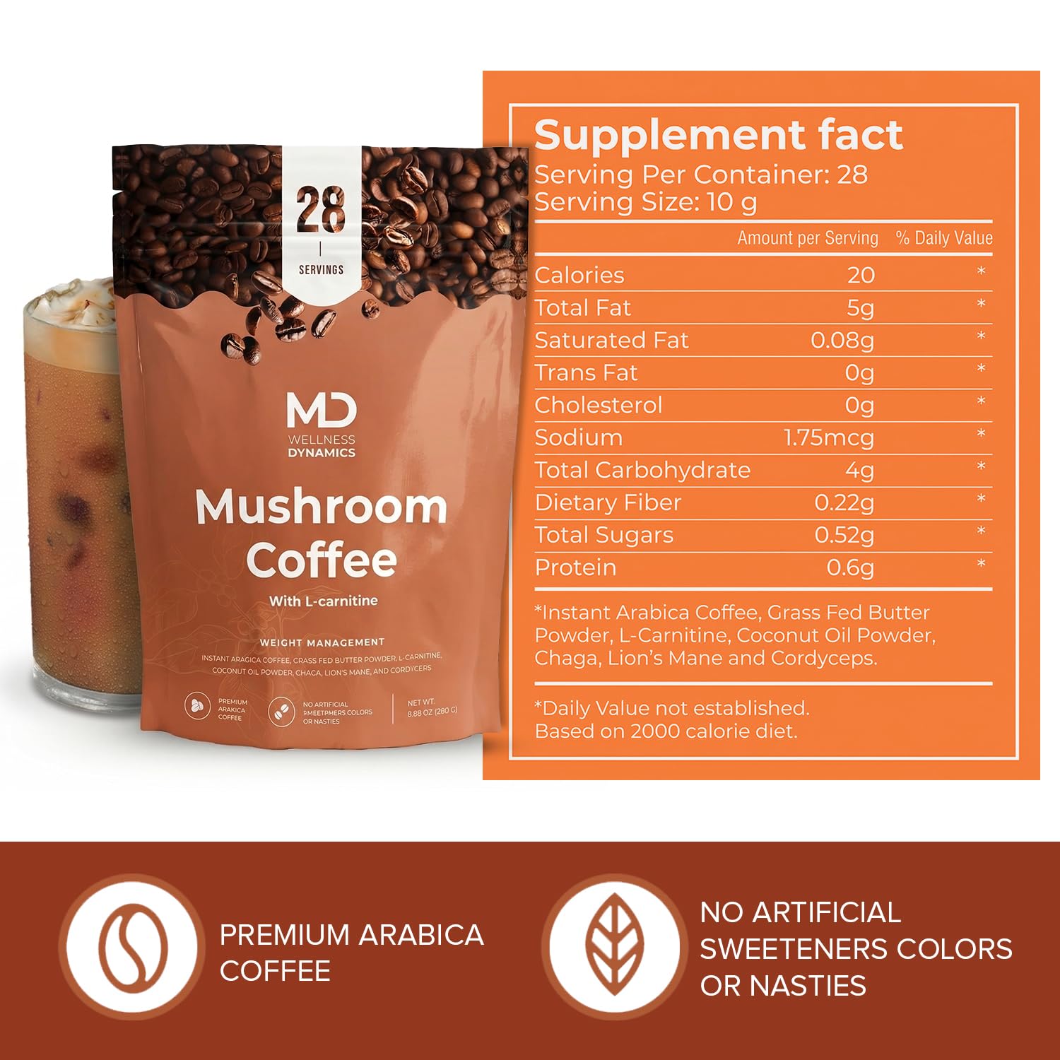 md wellness dynamics Mushroom Coffee with L Carnitine, Coconut Oil, & Grass Feed Butter - Lion’s Mane Reishi Chaga Cordyceps Smooth Energy Metabolism