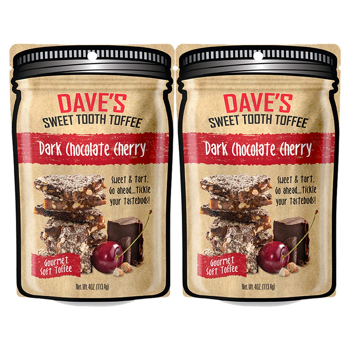 Dave's Sweet Tooth Toffee - Dark Chocolate Cherry Toffee Gift Set (4 oz. x 2) - Handmade Dark Chocolate Covered Cherries Toffee with Real Butter, Real