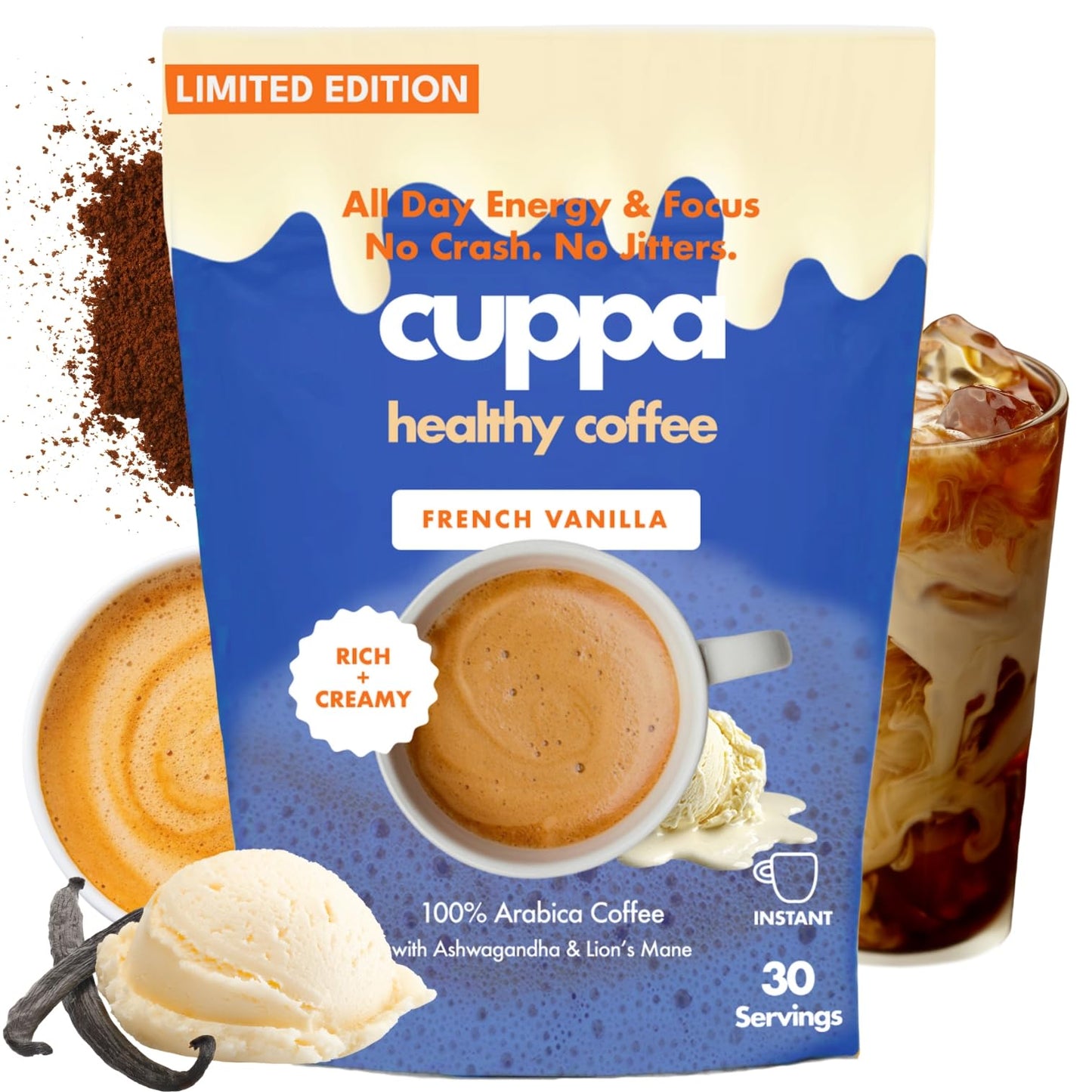 Cuppa French Vanilla Coffee - Great tasting medium roast with mushrooms, adaptogens & superfoods - Lion's Mane, Ashwagandha, Cordyceps, MCT, Prebiotic
