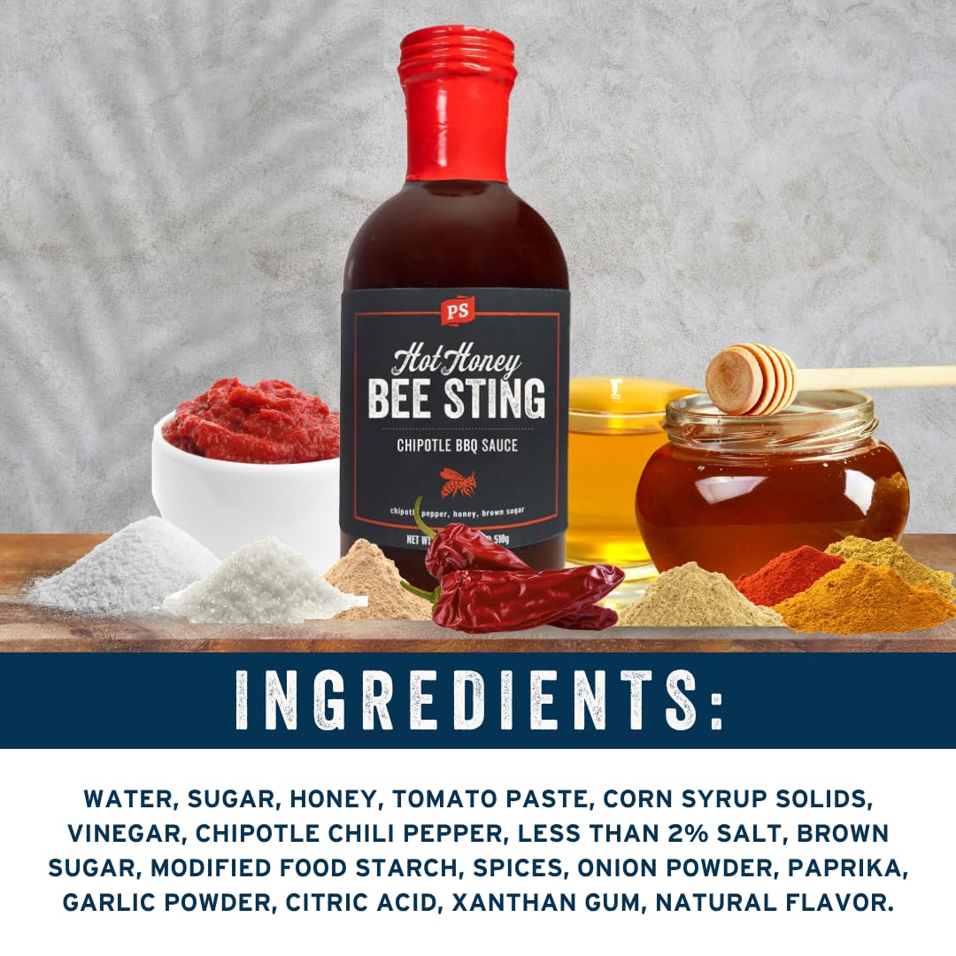 PS Seasoning Hot Honey Bee Sting Chipotle BBQ Sauce - All-Purpose Glaze, Marinade, Baste, and Dip - Sweet and Spicy Grilling Sauce for Chicken Wings
