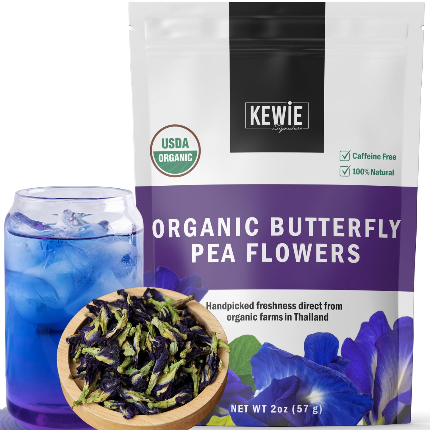 KEWIE Signature Butterfly Pea Flower Tea - 2oz Premium-Grade Blue Butterfly Pea Flower Organic Loose Leaf Tea - Caffeine-Free, USDA Organic - Natural